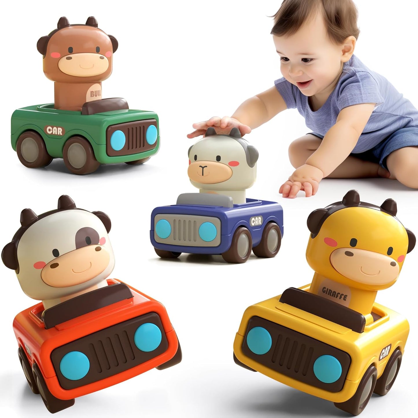 iPlay, iLearn Press to Go Car Toys for Toddlers 1-3, Baby Animal Racin