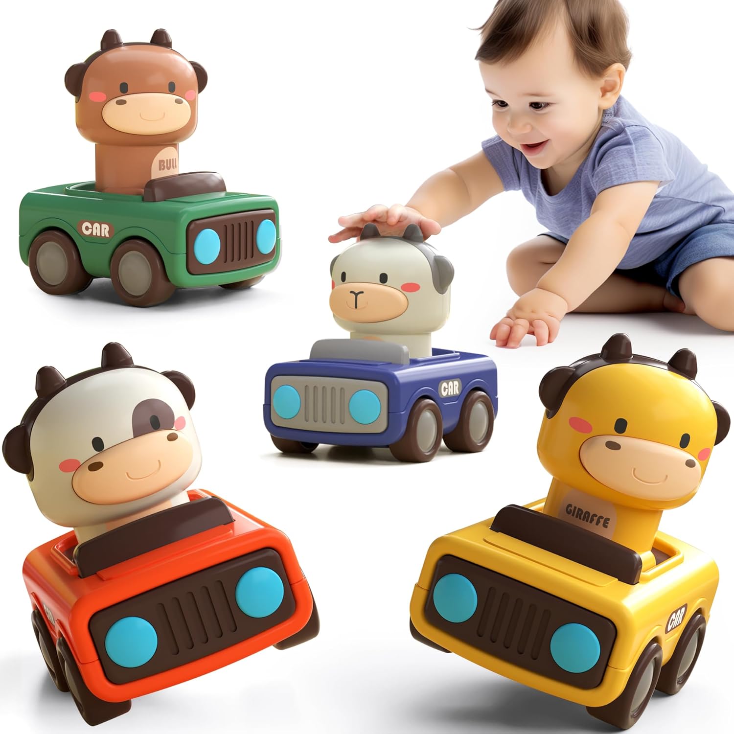 iPlay, iLearn Press to Go Car Toys for Toddlers 1-3, Baby Animal Racin