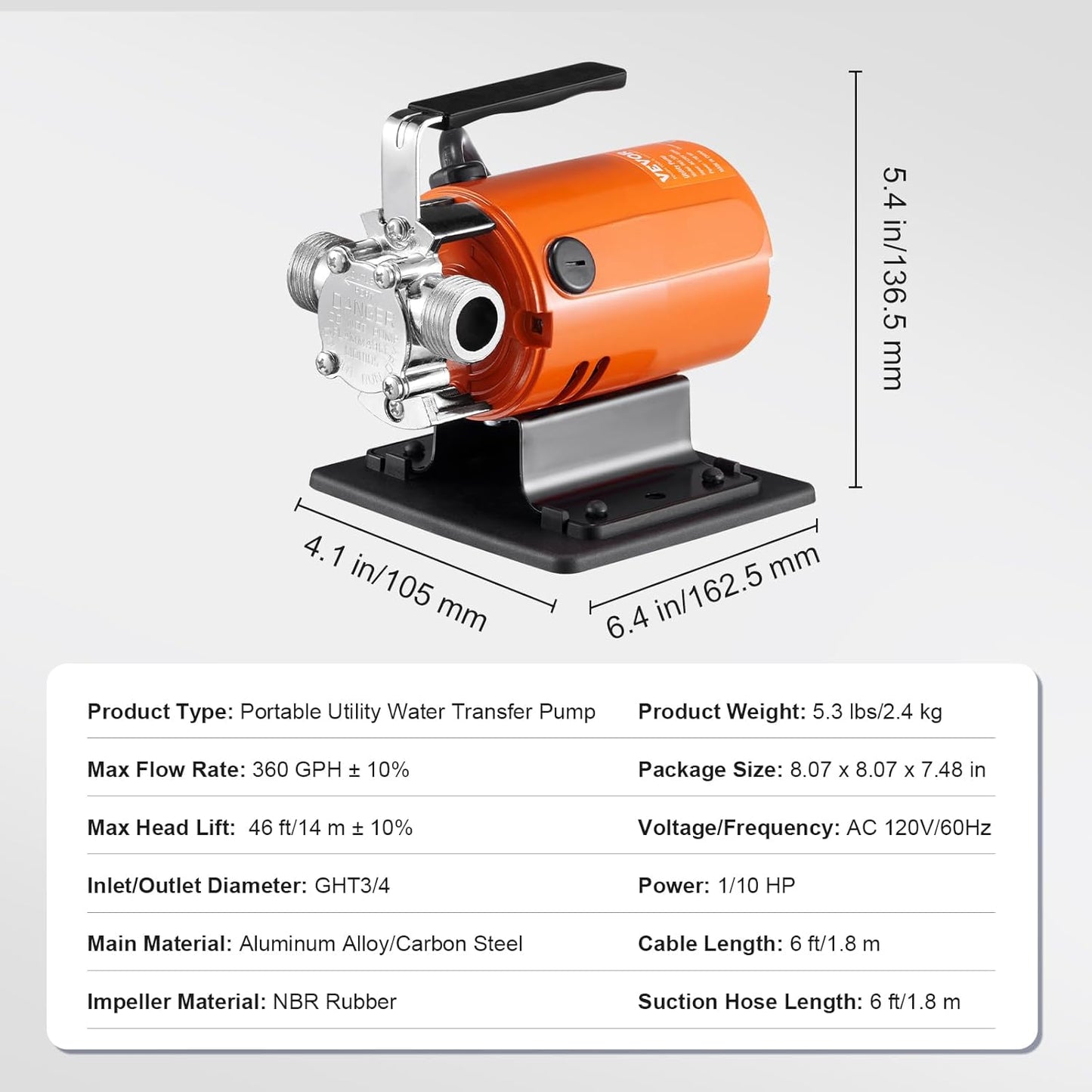 VEVOR Water Transfer Pump 115V, Utility Pump, 360 GPH Larger Flow, 46F