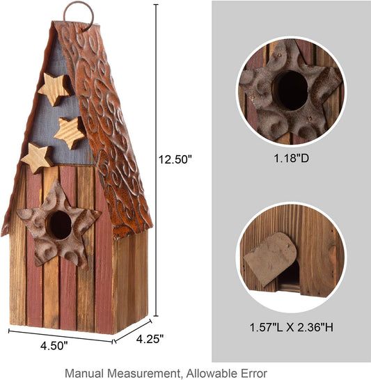Glitzhome Hanging Birdhouses for Outdoors, Patriotic USA Distressed Solid Wood Cottage Design with 3D Stars, Garden Wooden Birdhouse for Bluebird Hummingbird Wren Finch Cardinals Cedar 12.5" H