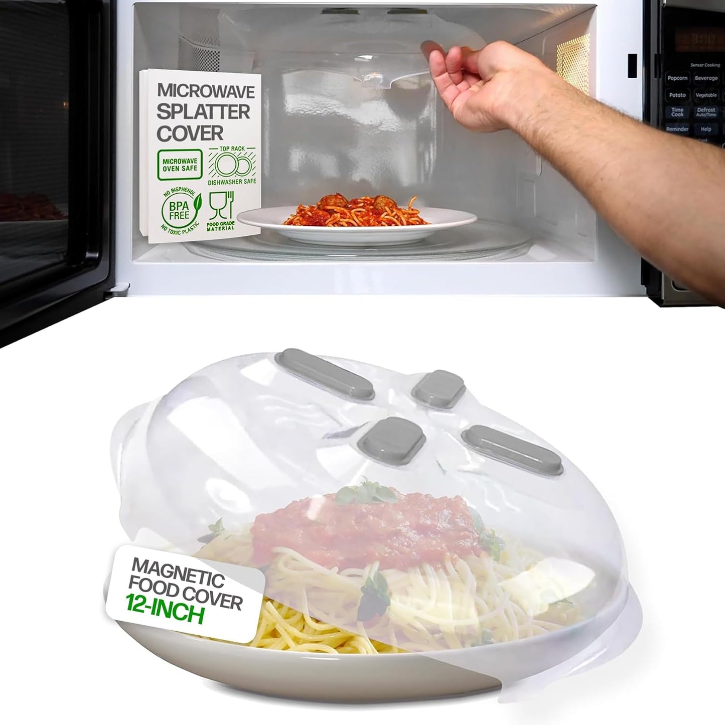 HOVER COVER Magnetic Splatter Cover, 12-Inch Clear BPA-Free Food Lid, 