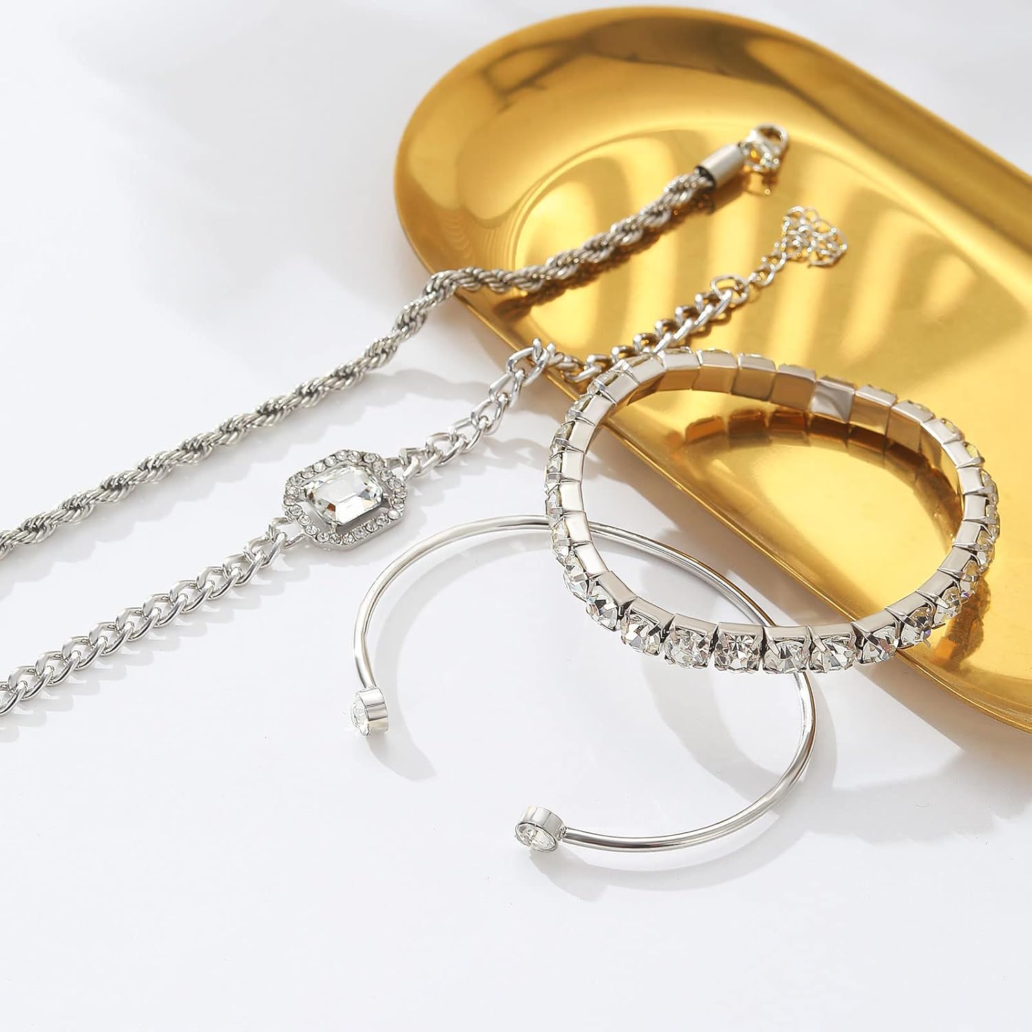 4 Pcs Dainty Gold Silver Bracelets Set for Women 14K Plated Link Cubic
