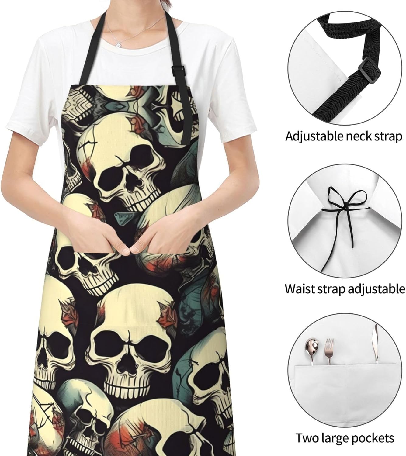 Skull Skeleton Print 28x33 In Adult Kitchen Apron with Pockets Versatile Chef Smock for Cooking Baking