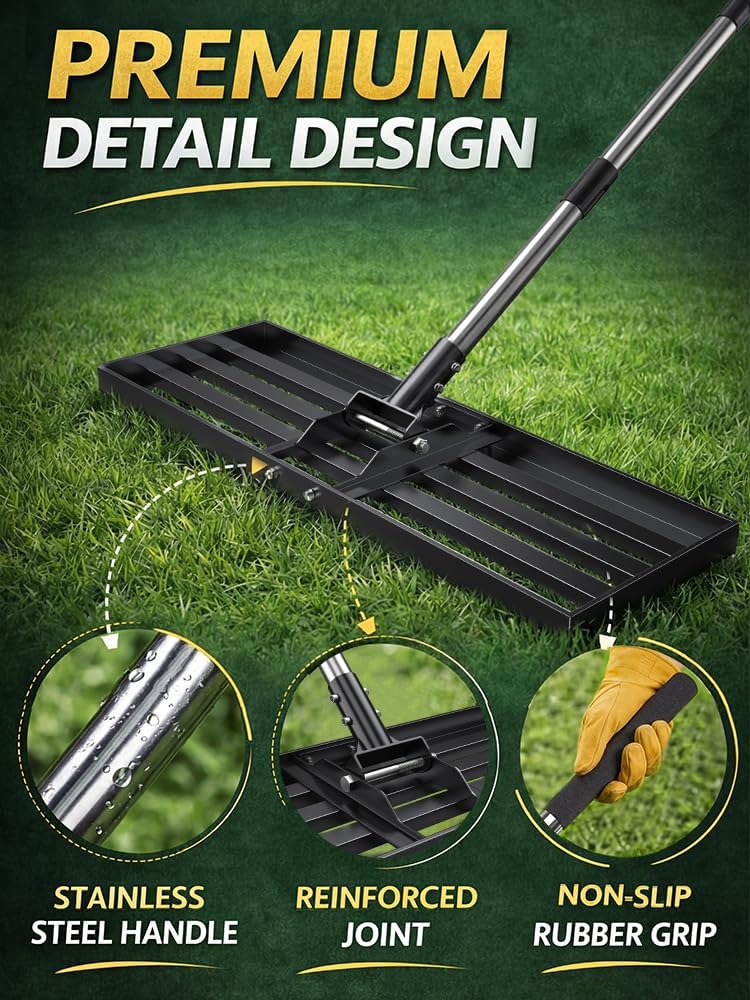 30x10 inch Lawn Leveling Rake, Yumatum 72" Effort Saving Lawn Leveler 