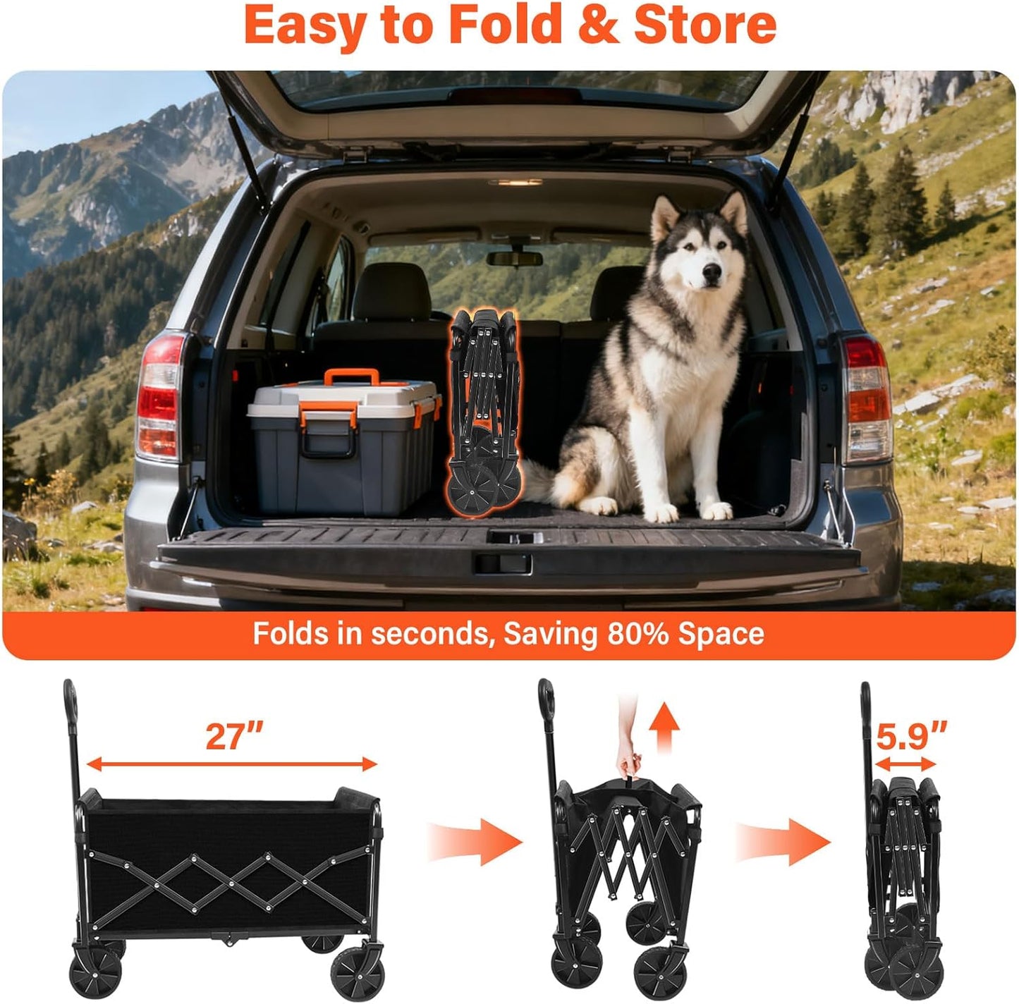 Wagons Carts Foldable - Portable Folding Collapsible Wagons with Wheels - Heavy Duty Utility Carts for Groceries, Shopping, Camping, Sports, Garden，Beach - Black