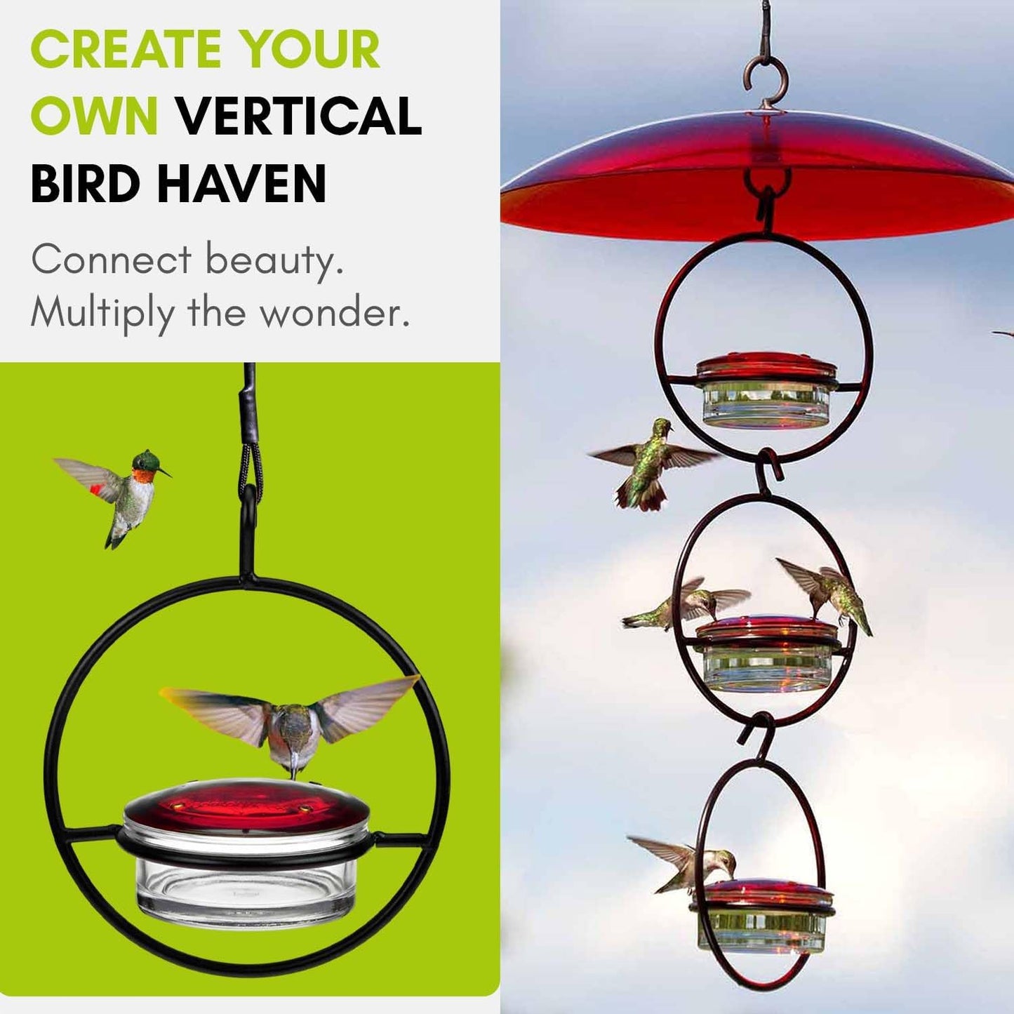 Hummble Slim Glass Hummingbird Feeder 3.4 oz Capacity, Clear Recycled Glass Hanging Feeder| for Garden, Pack of 3