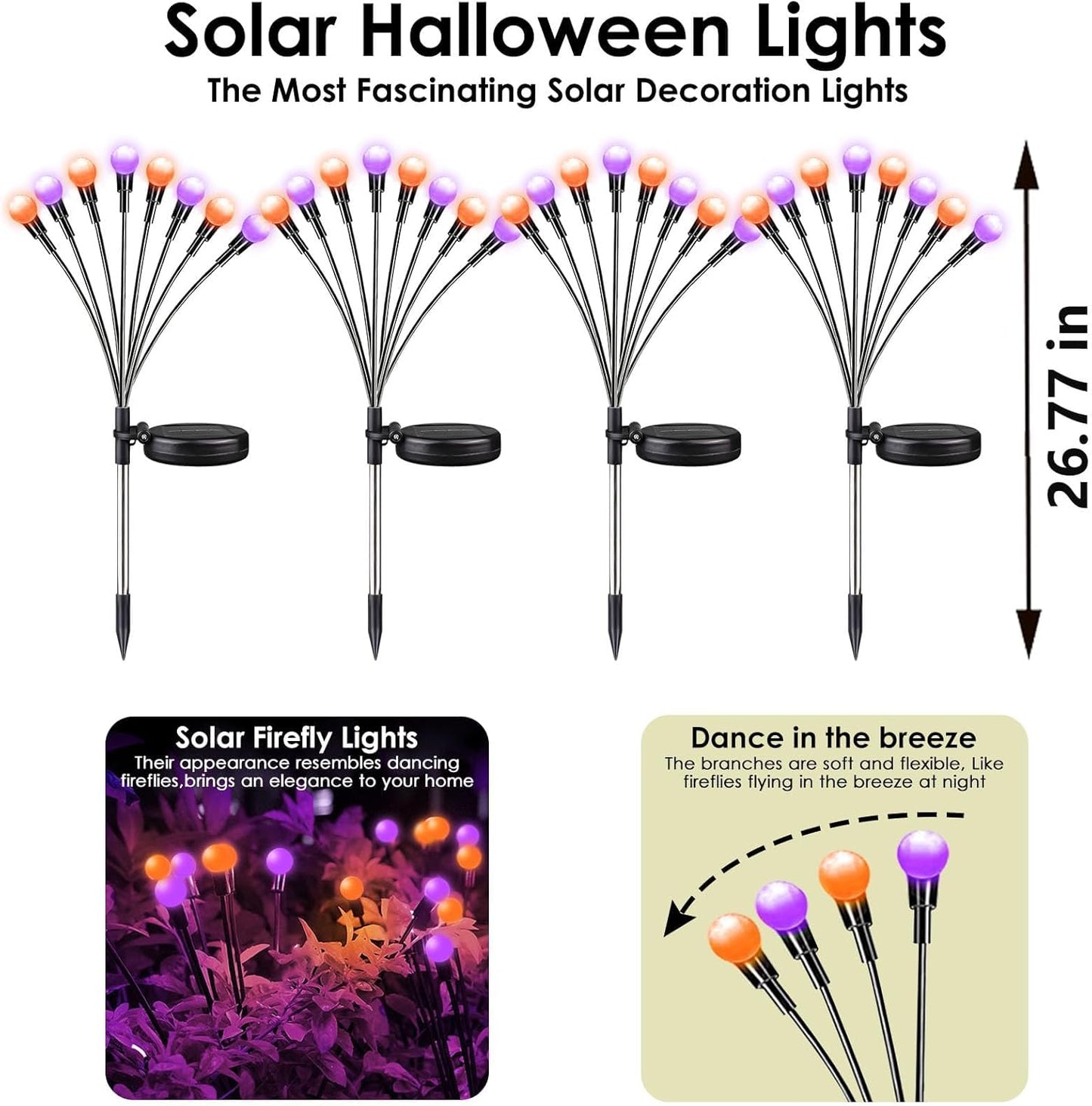 6Pack Total 48 LED Purple and Orange Solar Halloween Lights Outdoor - Solar Firefly Lights Outdoor, Sway by Wind, Waterproof for Garden Patio Pathway Halloween Decorations
