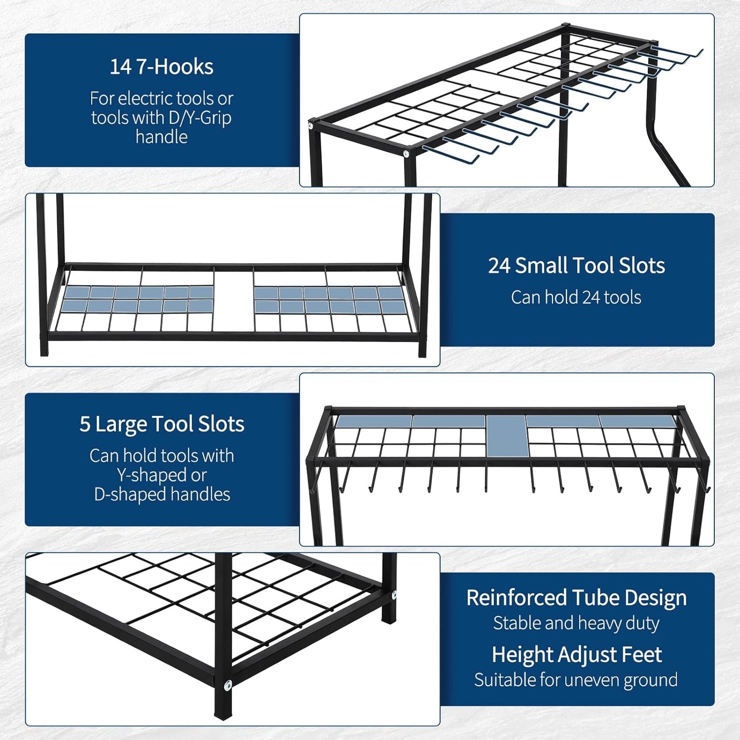 Garden Tool Organizer 2 Tier Yard Storage Rack With14 Hooks,Heavy Duty Holder With 43 Long-Handled Slots,Freestanding Tool Organizers and Storage for Yard Shed and Lawn