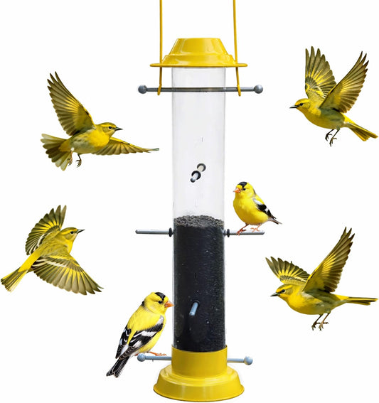 KiRuan Finch Feeders for Outside,Thistle Bird Feeders for Outdoors Hanging,22.44 Inch Tube Bird Feeder with 12 Ports and 10 Metal Perches,All Detachable Design,Easy to Refill & Clean,Yellow,1 Pack