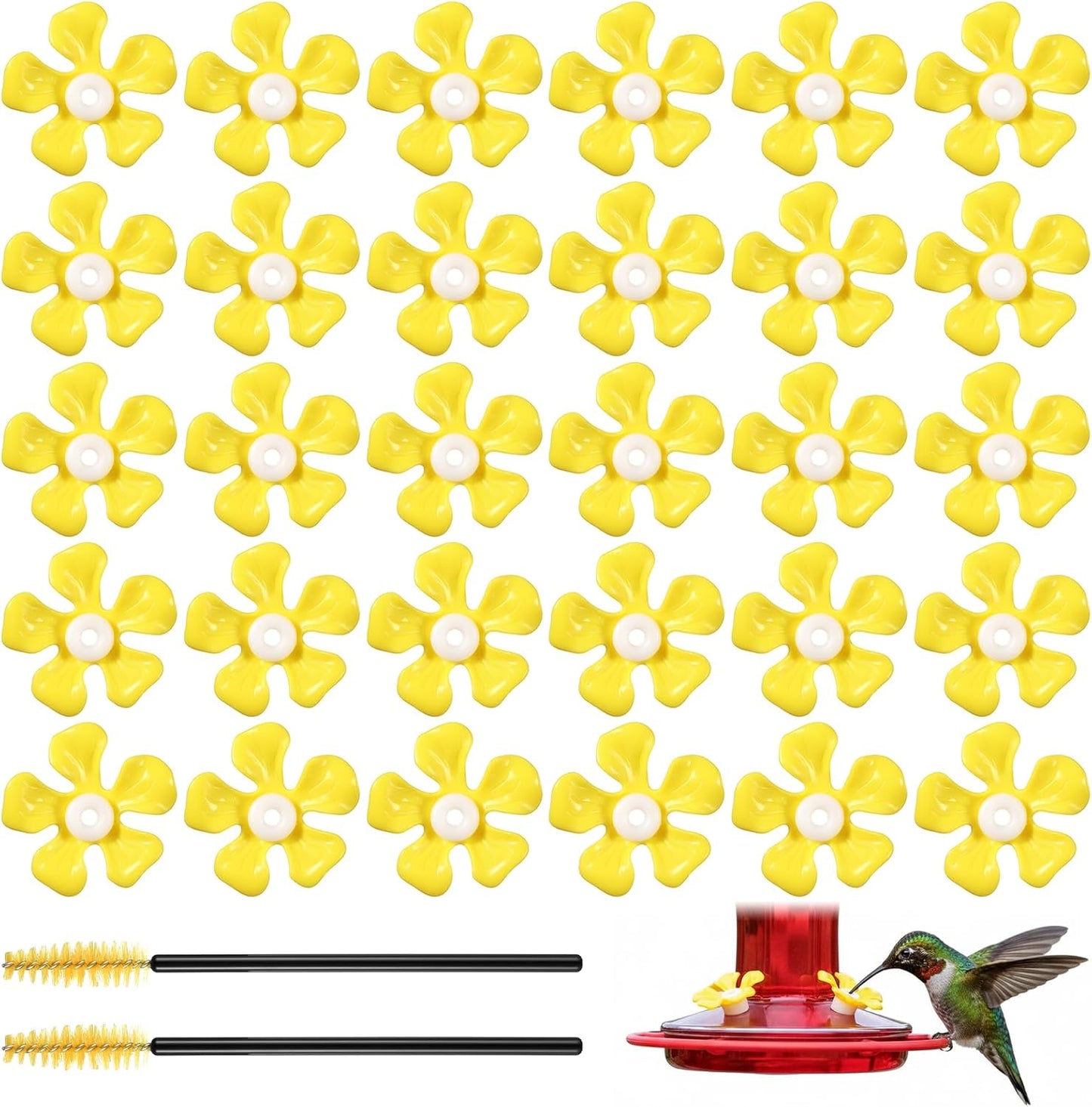 32 PCS Hummingbird Feeder Replacement Flowers, Bee Proof Plastic Blossoms with Cleaning Brushes Feeding Ports Bee Guards Accessories for Outdoor Feeders