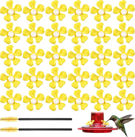 32 PCS Hummingbird Feeder Replacement Flowers, Bee Proof Plastic Blossoms with Cleaning Brushes Feeding Ports Bee Guards Accessories for Outdoor Feeders