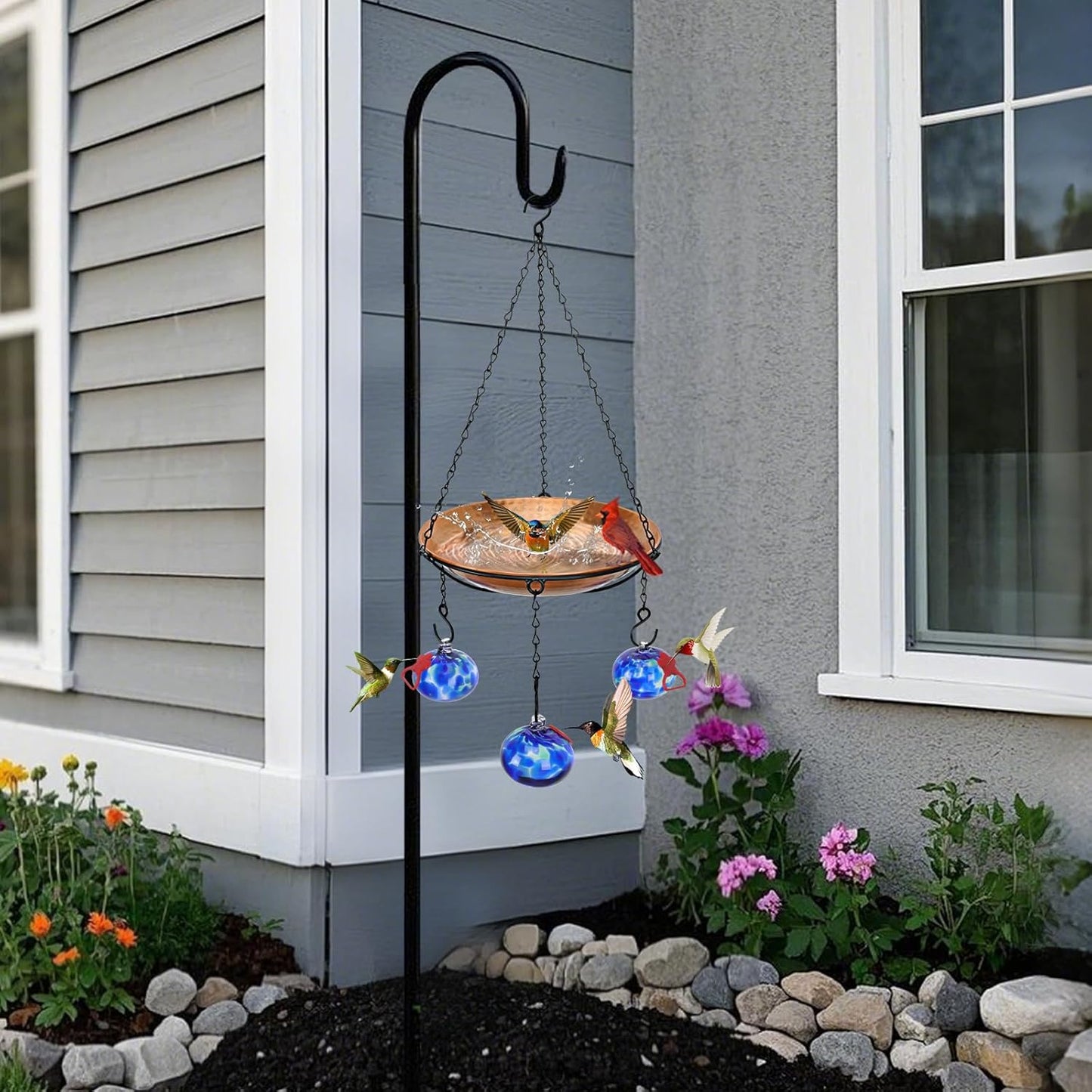 Wind Chimes Hanging Bird Feeders for Outdoors ＆ Bird Bath ＆ Hummingbird Feeders for Outdoors 3-in-1,Hand Blown Glass Hummingbird Feeder Balls,Detachable Feeder ＆ BirdBath(11in)(Phoenix Tail Blue)