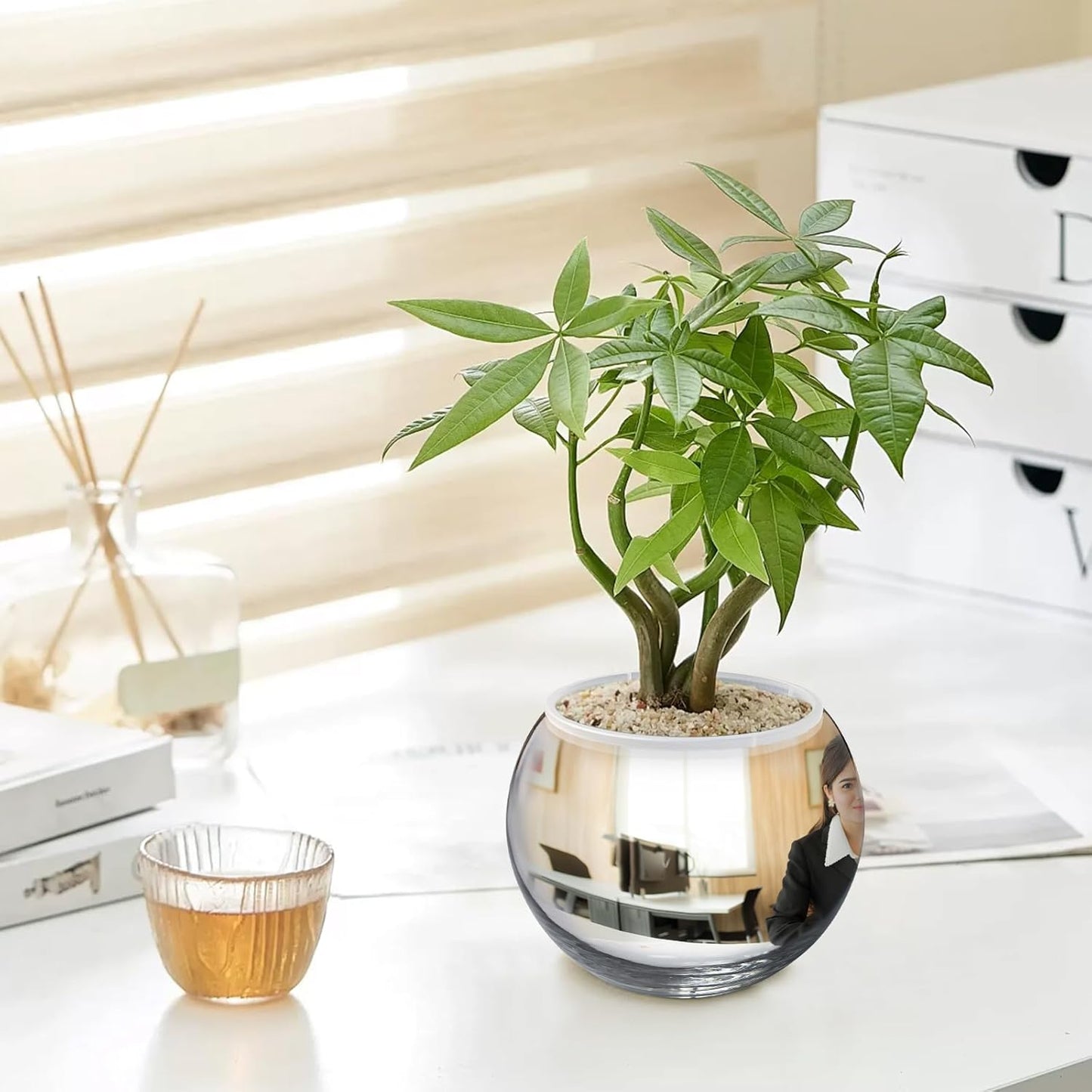 7.9" Spherical Convex Mirror Glass Bowl Vase - Safety Cubicle Reflector & Desktop Rearview Mirror to See Behind You for Office/Home Décor, Floral Arrangements, Planter Storage