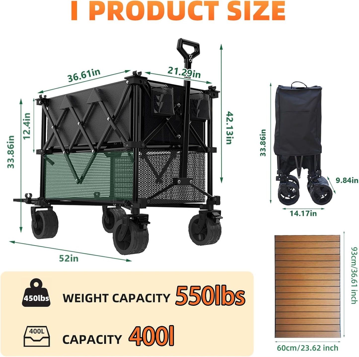 Double Decker Wagon with Table, 600lb 400L 54'' Extra Long Heavy Duty Wagons Carts Foldable with Tailgate, Utility Folding Cart Big All-Terrain Wheels with Brakes for Camping, Fishing, Beach, Outdoor