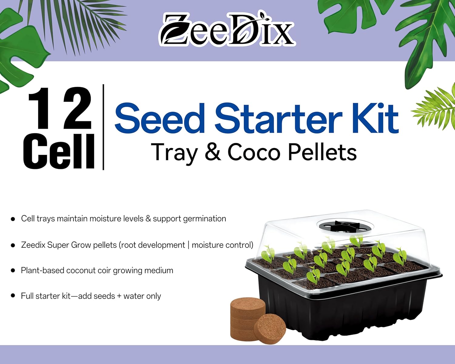 ZeeDix 6 Set Seed Starter Tray Kits, 6 Pack Seed Trays with 90 Pack Co