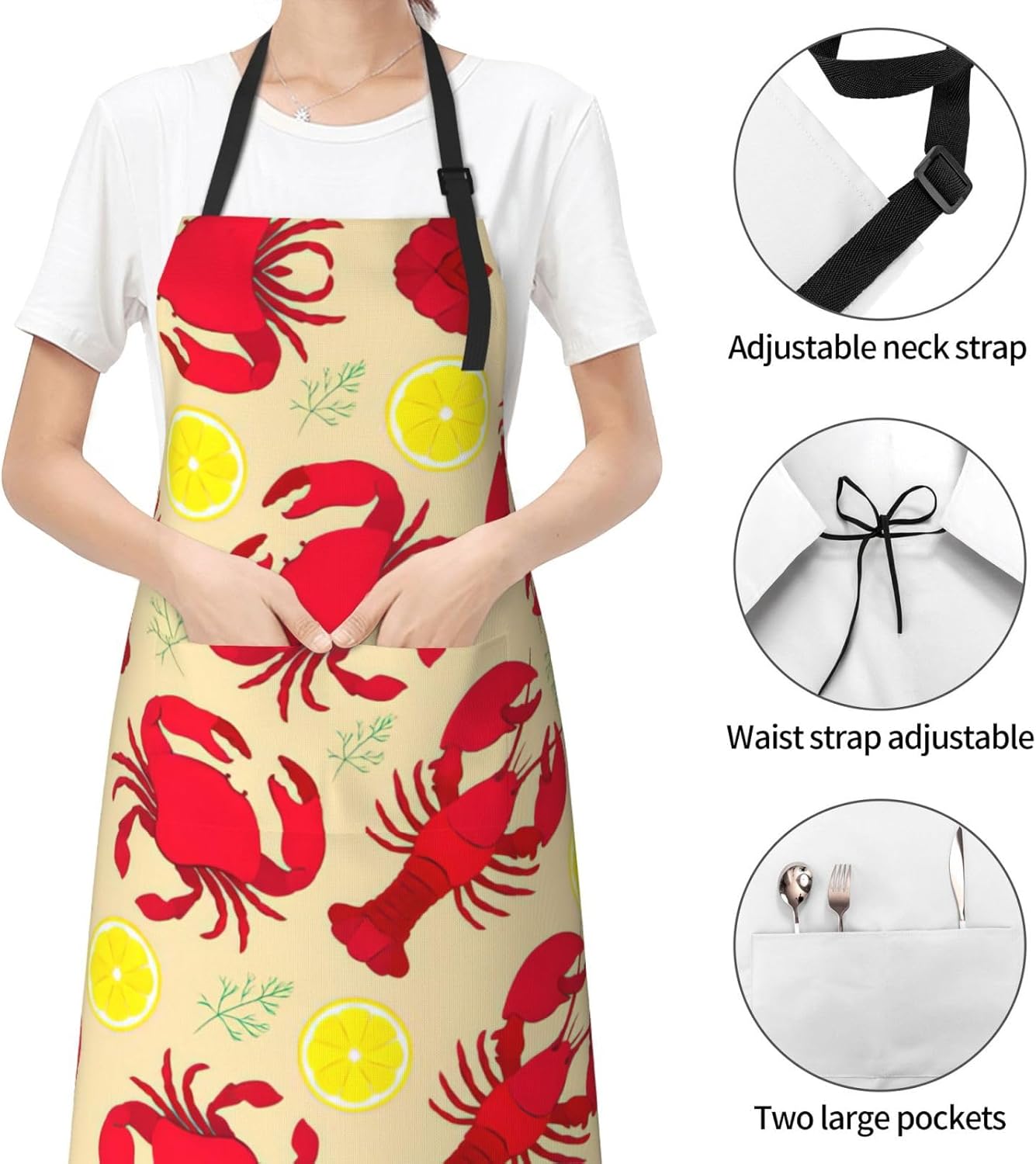 Lobster and Crab Print 28x33 In Adult Kitchen Apron with Pockets Versatile Chef Smock for Cooking Baking