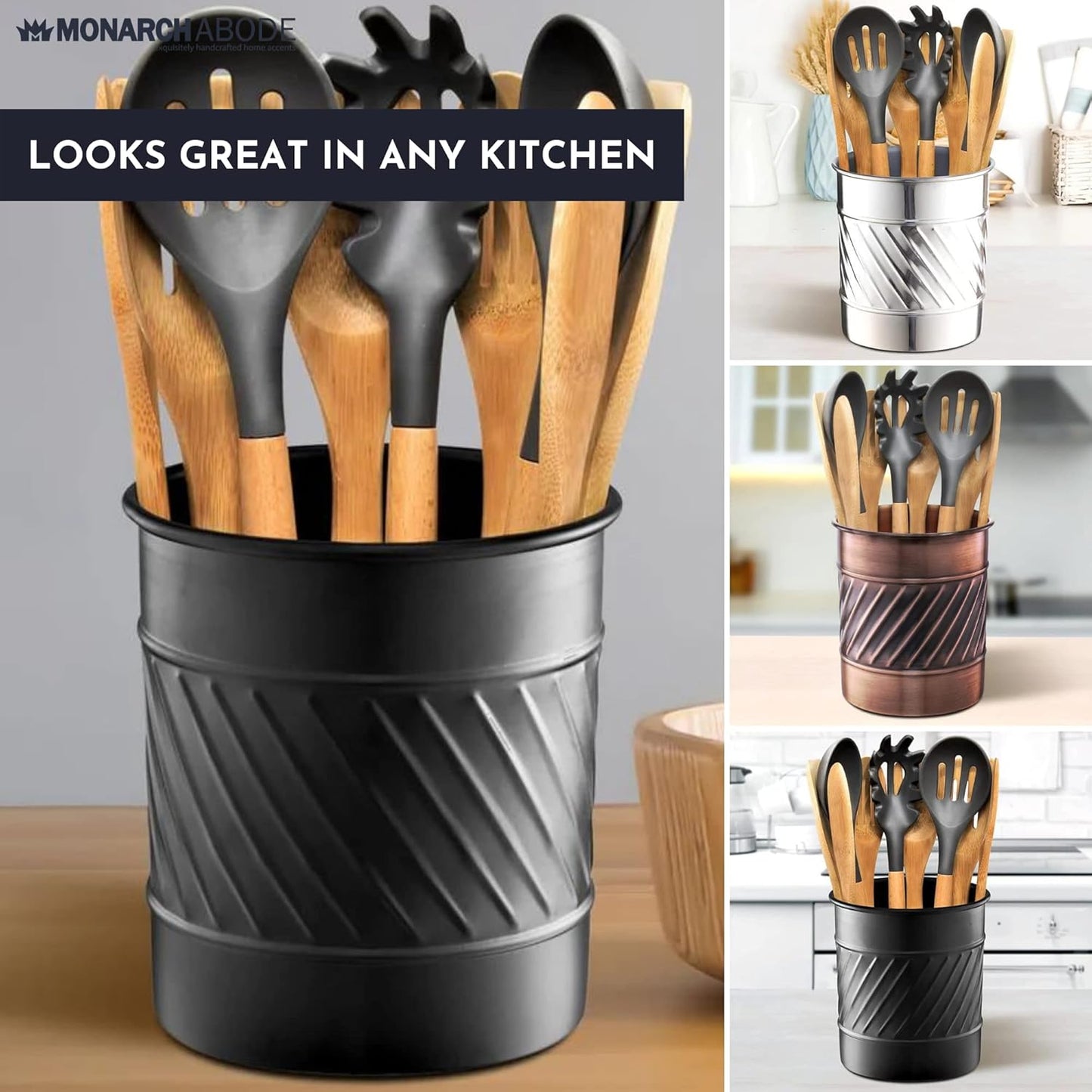Monarch Abode Kitchen Utensil Holder – Wave Embossed Metal Antique Copper Utensil Holder, Decorative Utensil Crock for Kitchen Counter, Cooking Tool and Spatula Holder for Countertop, Caddy Organizer
