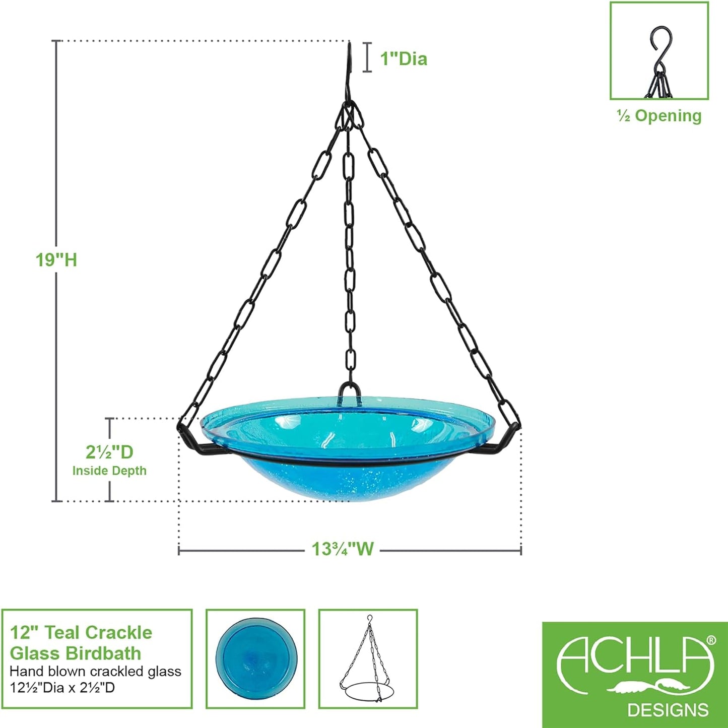 12" Teal Hanging Birdbath