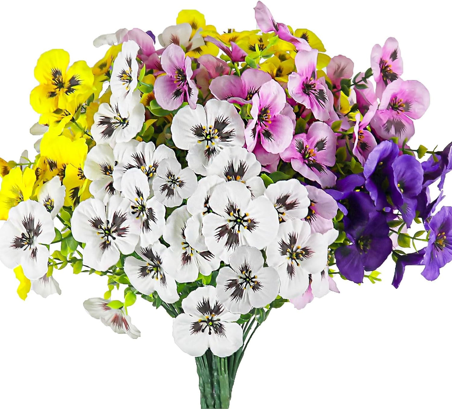 Artificial Fake Pansy Flowers for Outdoor, UV Resistant Faux Silk Pansies Spring Flowers, for Planter Front Door Porch Yard Patio Window Box Home Decor 12 Bundles (Yellow Purple White Pink)