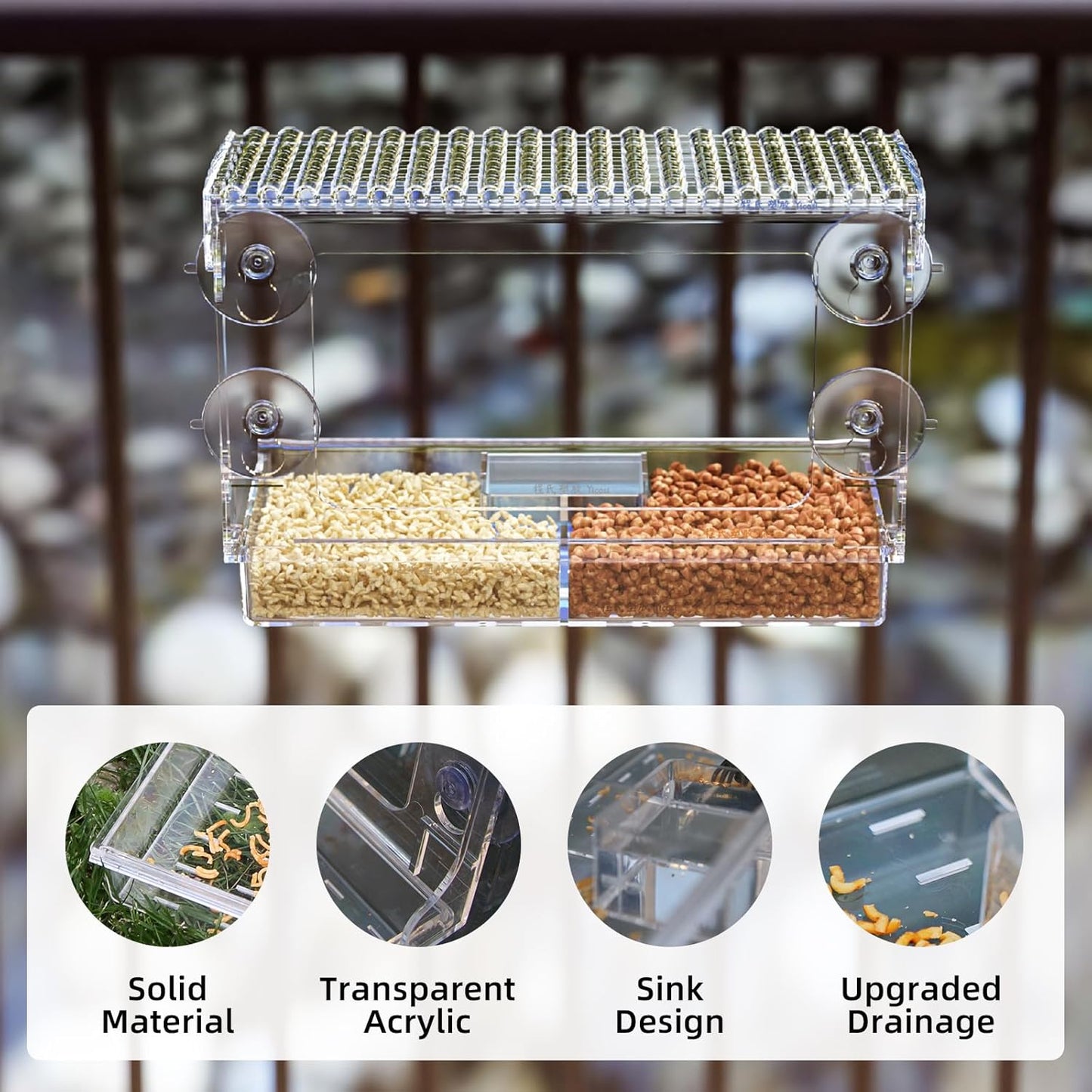 Window Bird Feeder with Strong Suction Cups – Flat-Tile Roof Acrylic Bird Feeder for Outdoors, Clear Viewing Box for Wild Birds & Cats, Easy-to-Clean, Large Capacity, Transparent Birdhouse Feeder
