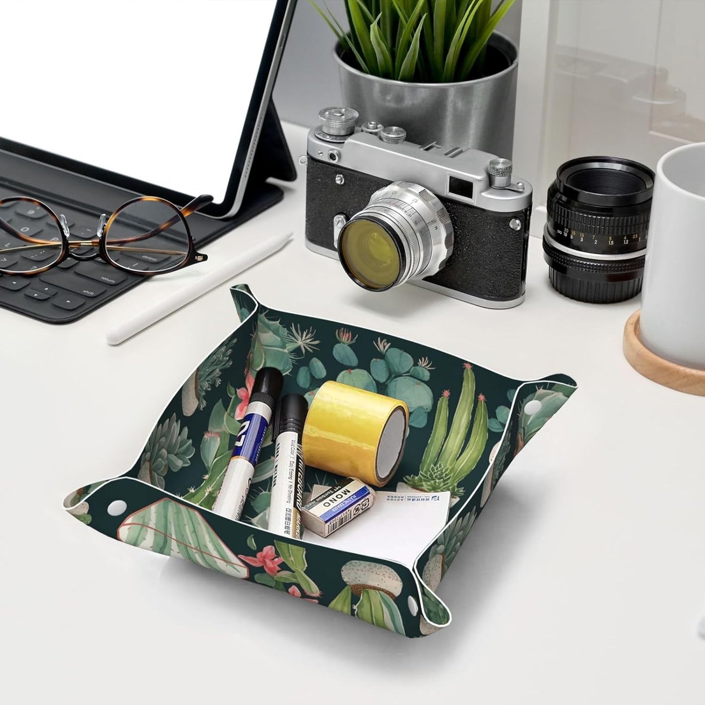 PU Leather Jewelry Valet Tray for Men Women, Elegant Desktop Storage Organizer, Portable Travel Storage Dish Plate Succulent Plants and Cactus Nightstand Storage Box for Key Phone Wallet Medium