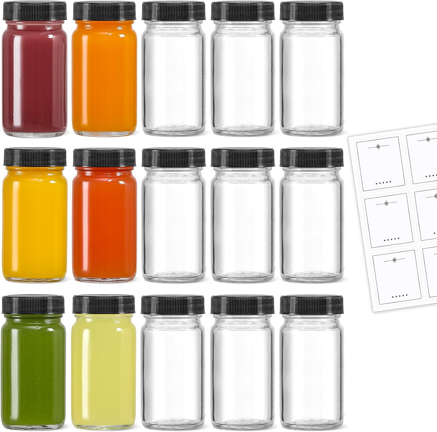 LANDNEOO 15 Pack 2 oz Glass Shot Mini Bottles w/Black Lids & 15 Labels