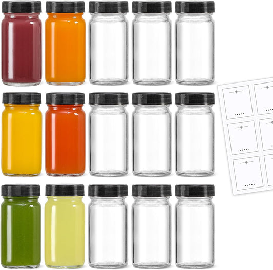 LANDNEOO 15 Pack 2 oz Glass Shot Mini Bottles w/Black Lids & 15 Labels - Small Clear Jar for Ginger, Wellness Shot, Juice, Sample, Whiskey - Travel Essentials - Wide Mouth, Leakproof, Dishwasher Safe
