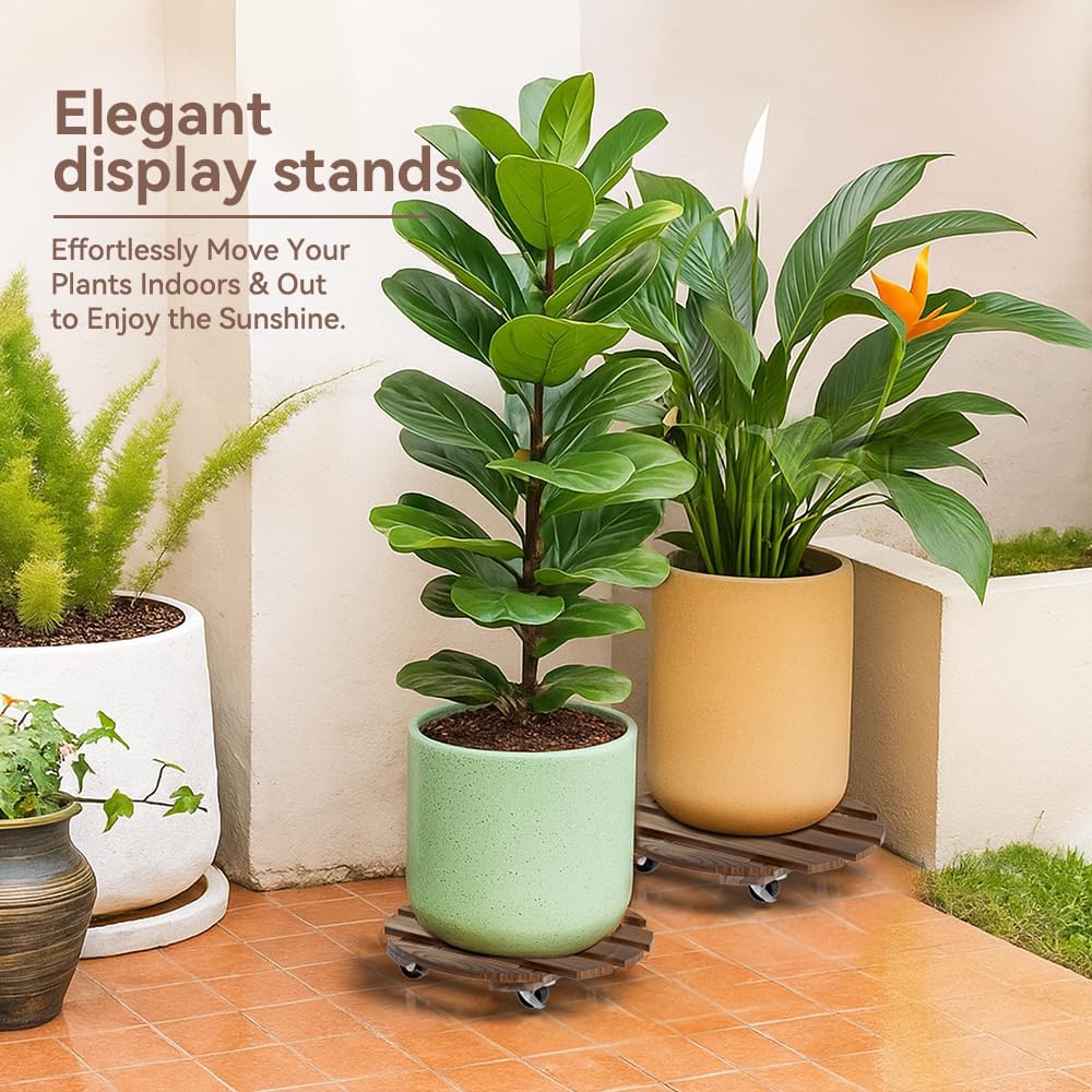 2 Pack Plant Stand Indoor and Outdoor, 12IN Premium Wooden Plant Caddy