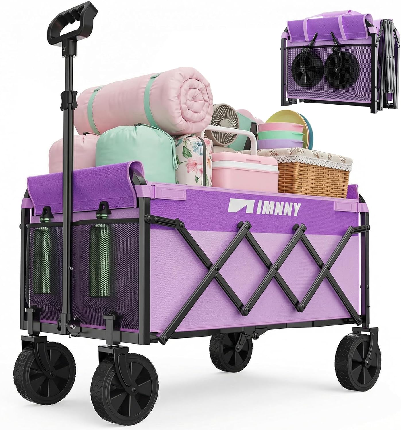 Purple Collapsible Wagon Cart, Lightweight Folding Utility Cart with W