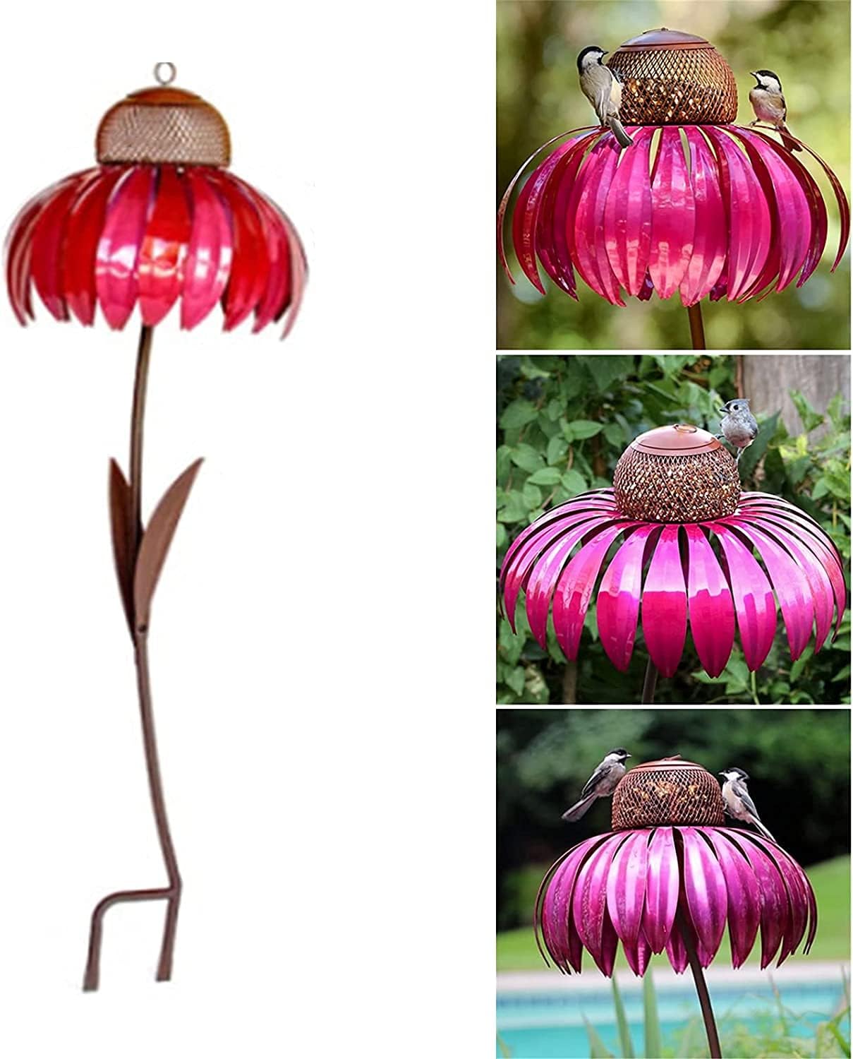 Coneflower Bird Feeders Sensation Coneflower Bird Feeder with Stand for Outside Garden Park Lawn Elegant Standing Bird Feeder Art Metal Birdfeeder (Color : Pink)
