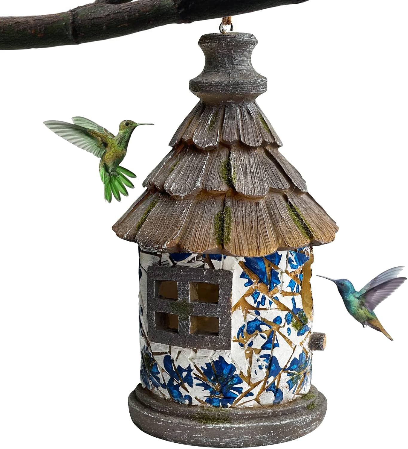 Bird House for Outdoor with Pole Garden Decor Hanging Birdhouses Weatherproof BirdNest for Outside Bluebird, Finch, Wren, Chickadee, Wild Birds Big Size Resin White Bule
