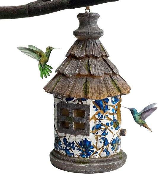 Bird House for Outdoor with Pole Garden Decor Hanging Birdhouses Weatherproof BirdNest for Outside Bluebird, Finch, Wren, Chickadee, Wild Birds Big Size Resin White Bule
