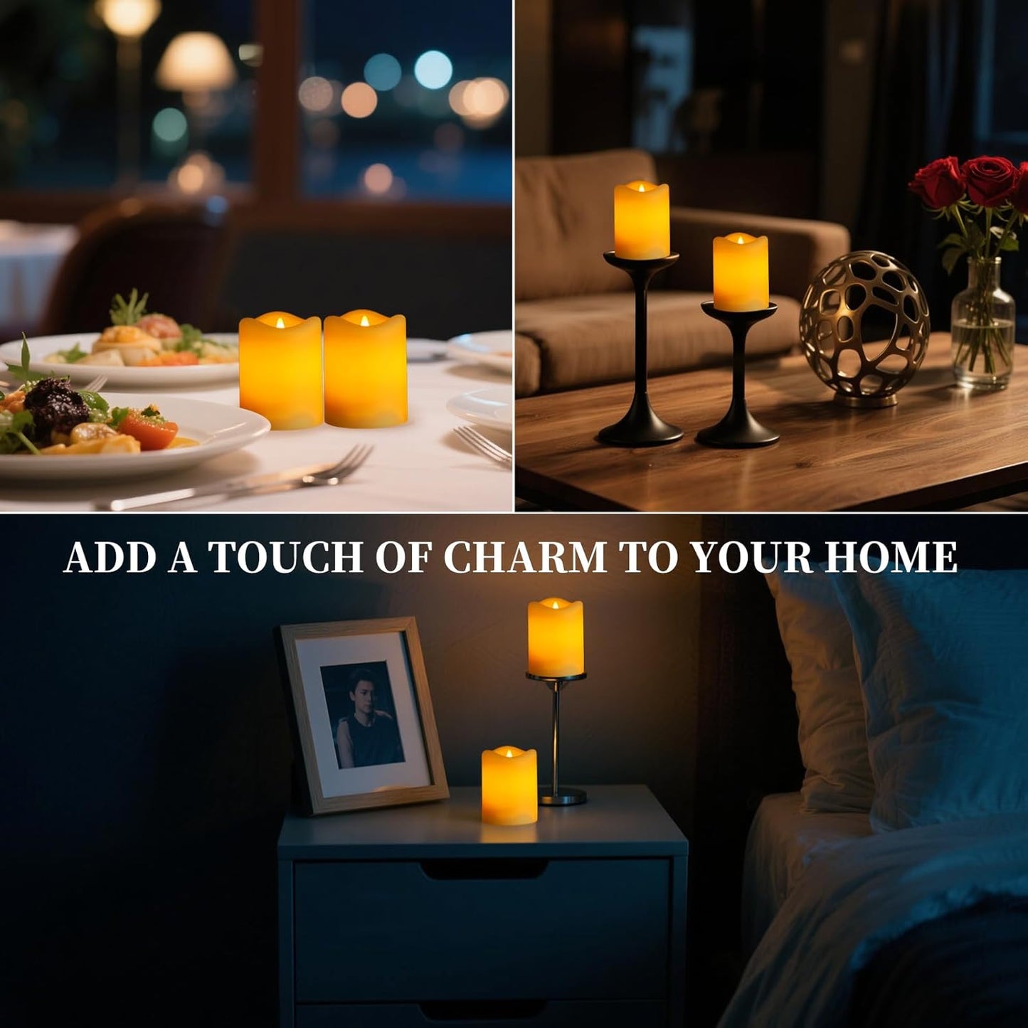 Solar Flameless Pillar Candles Outdoor 4 Pack, 3"x4" Rechargeable Solar Powered Lights, IP65 Waterproof Dusk to Dawn Sensor Solar Candles for Backyard, Garden, Patio, Porch, Pathway, Table Centerpiece