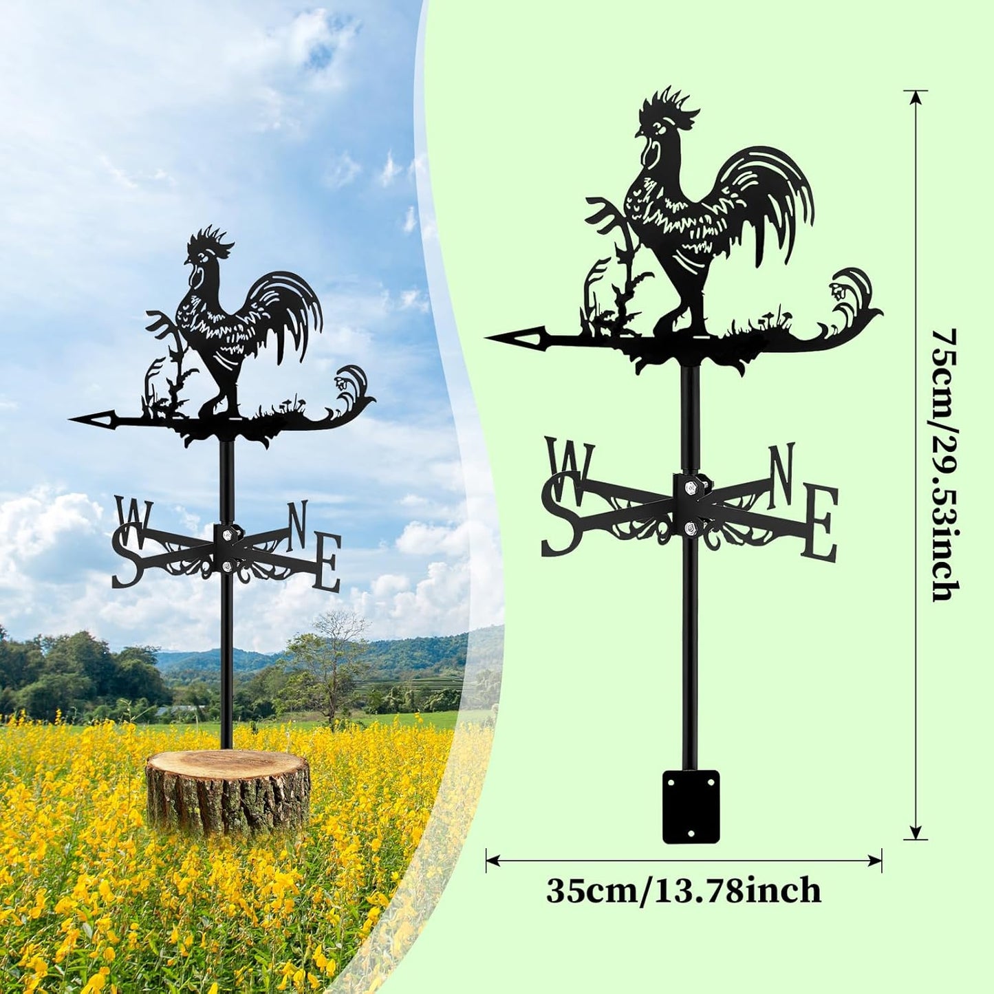 Fenteer Metal Rooster Shape Weathervane Roof Mount Weather Vane Outdoor Scene Chicken Garden Weather Vane for for Shed Garden Yard Patio Decor