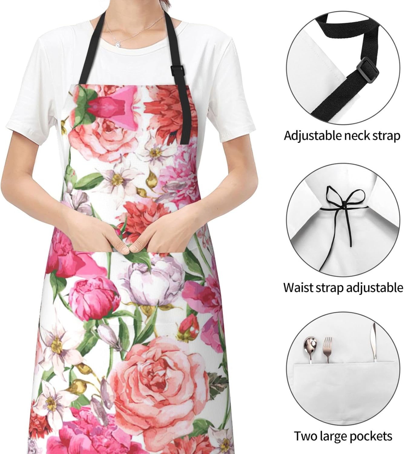 Garden Peony print Waterproof apron with pocket adjustable cooking apron for adult kitchen bibs to bake