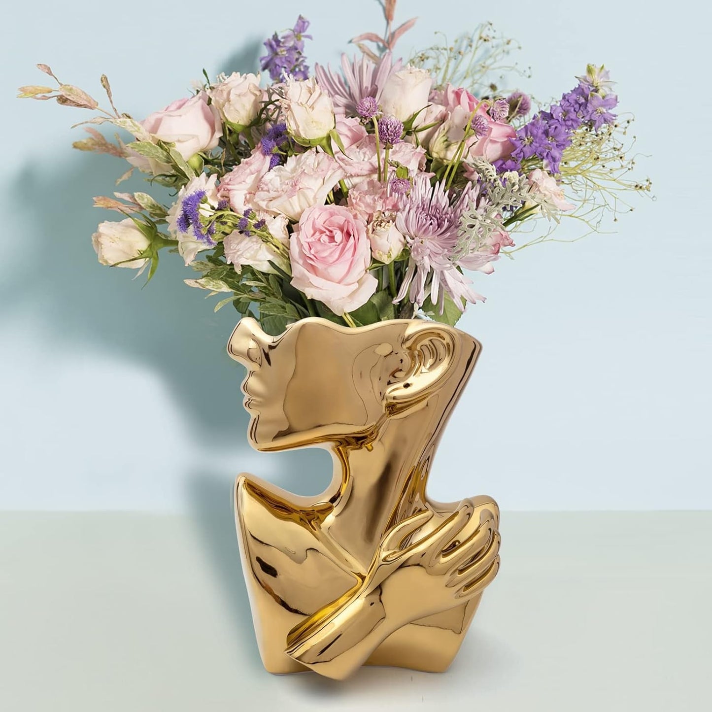 GDYOOSHOW Face Vases for Flowers Bust Planter Ceramic Head Vase Display Jewelry Rack Golden 9.84 Inches High Suitable for Placing on The Table or Shelf(Golden)