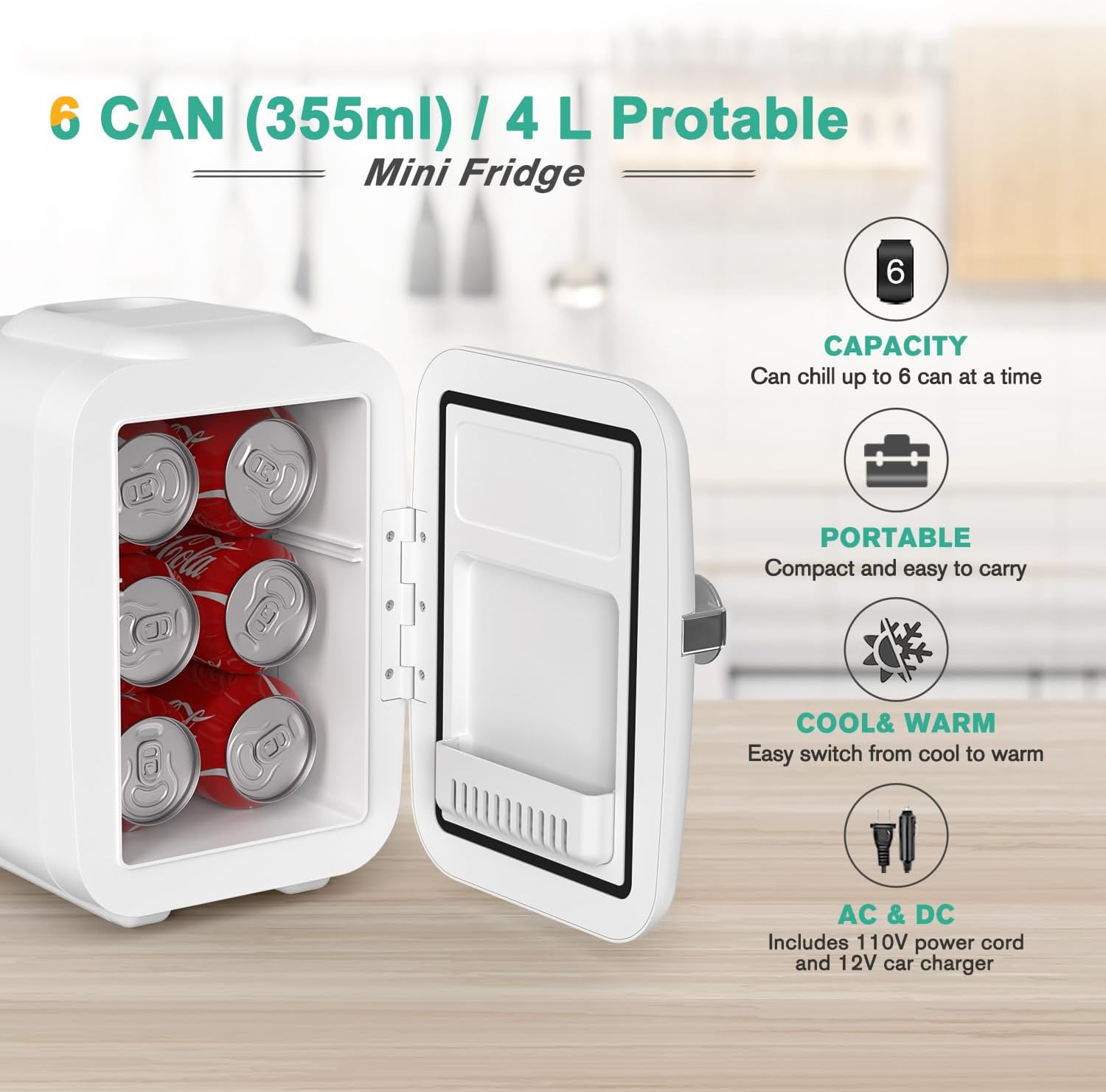CROWNFUL Mini Fridge, 4 Liter/6 Can Portable Cooler and Warmer Persona
