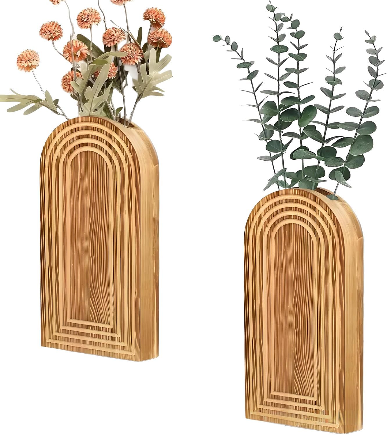 2 Pack Arched Wooden Wall Vases, Boho Wall Mounted Flower Vases with Ripple Texture, Modern Farmhouse Wall Decor for Dried Flowers, Greenery, Bathroom, Bedroom, Living Room (Natural Wood)