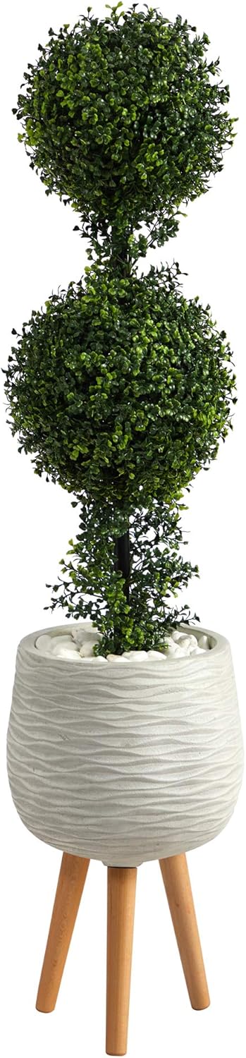 Nearly Natural 4ft. Boxwood Double Ball Topiary Artificial Tree in White Planter with Stand (Indoor/Outdoor)