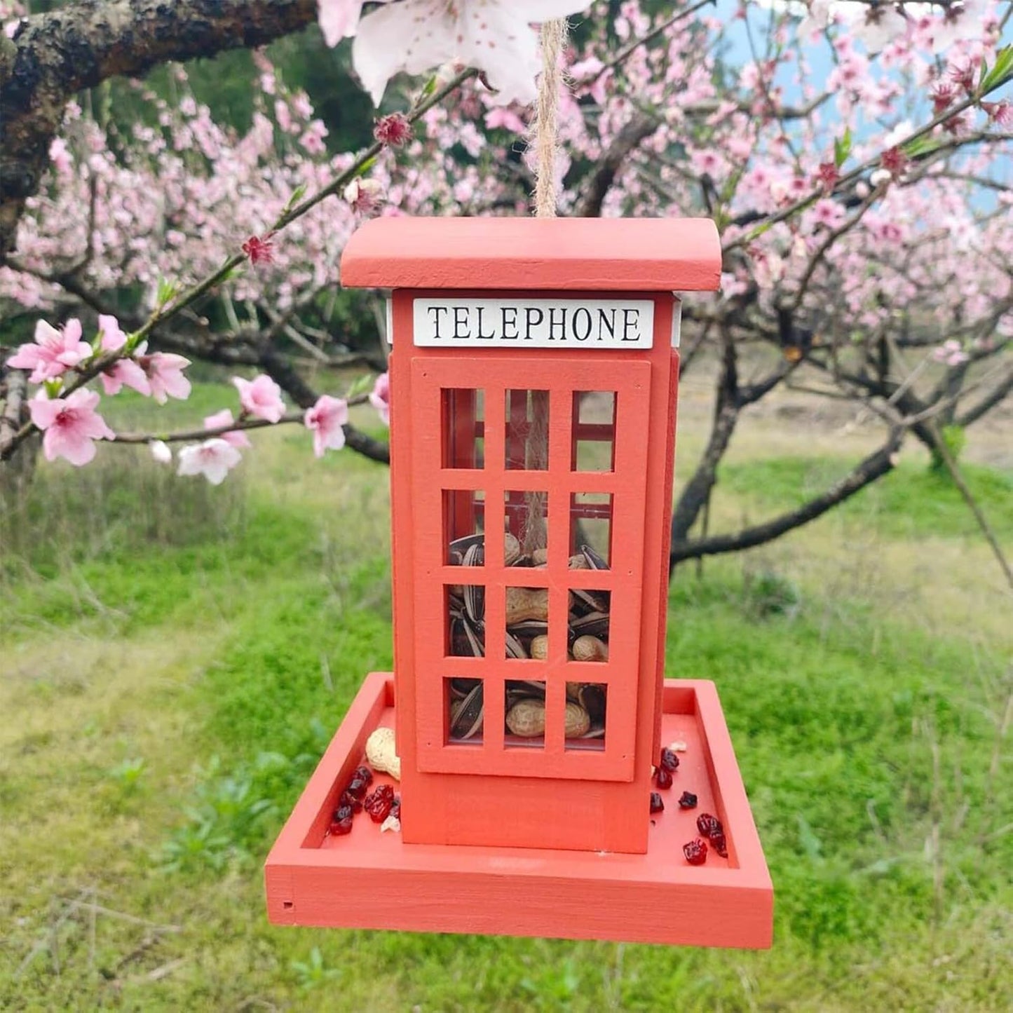 Bird Feeder - Red Telephone Box Shape | Wooden Spill Resistant Feeder with Hangable Design for Outdoor Birds, Garden Backyard Balcony Porch Yard Decoration and Feeding Station