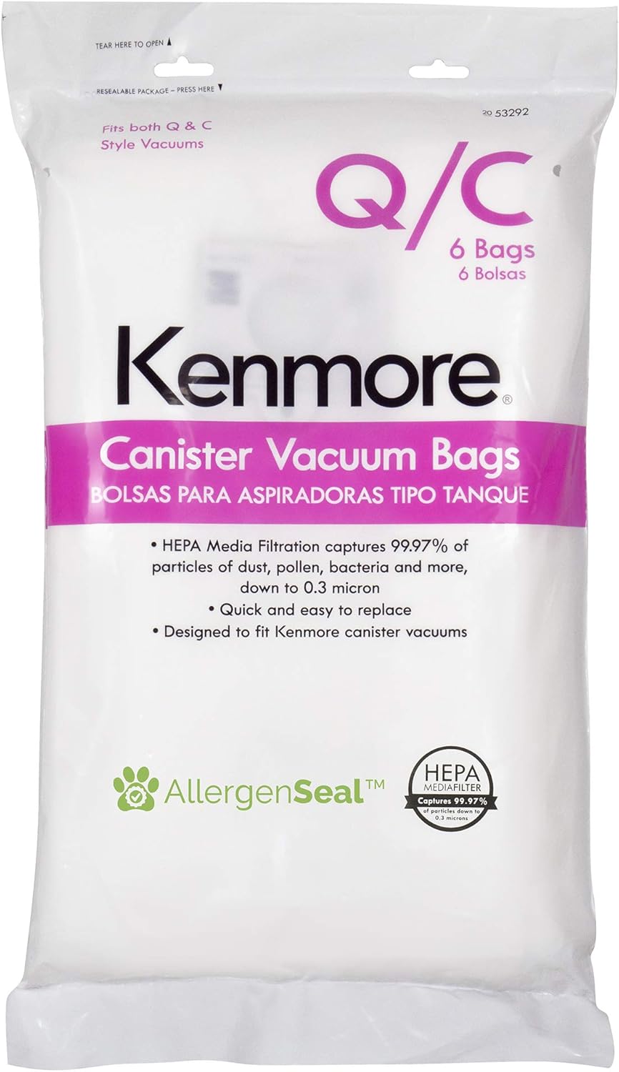 Kenmore 53292 Type Q HEPA Replacement Dust Bags for Canister Vacuum 81214, 81414, 81714, 21814, BC2005, BC3005, BC3006, 81615, BC4039, BC7005, 6 Count (Pack of 1)