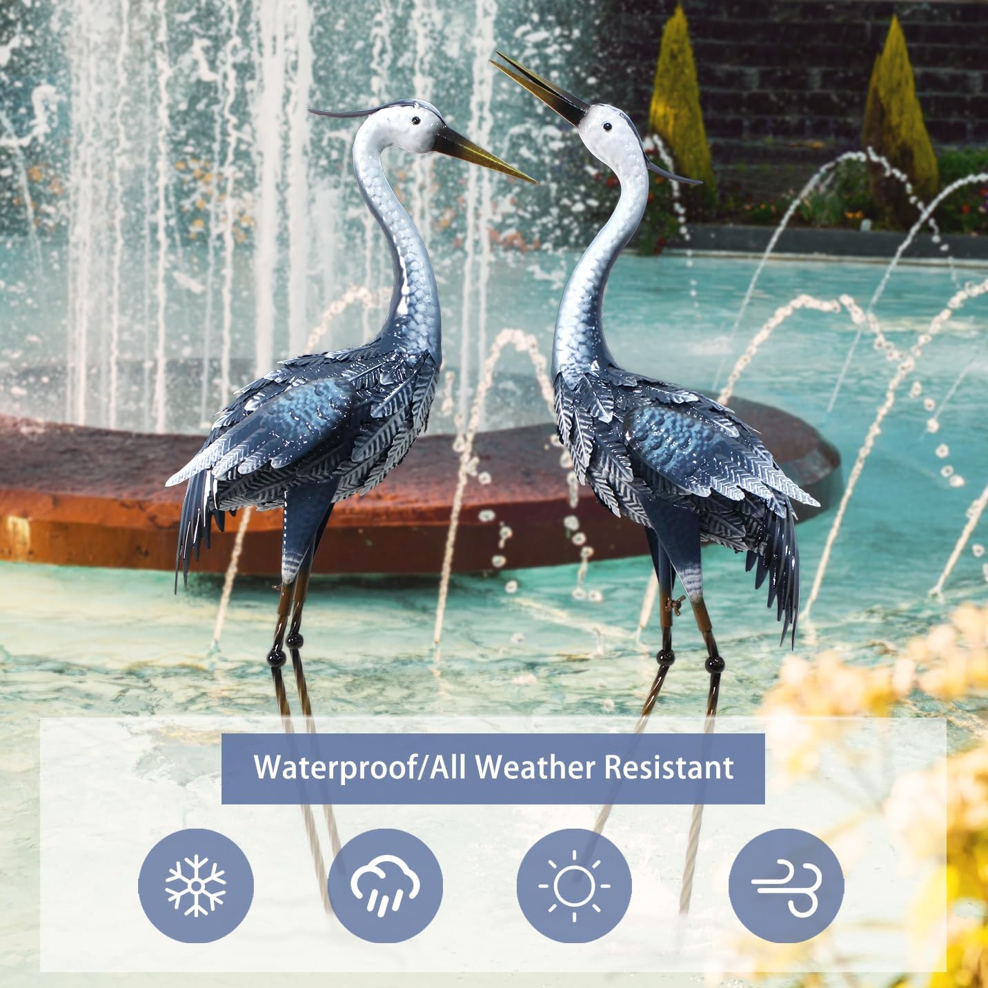 33-35 Inch Blue Heron Garden Statues, Metal Cranes Sculptures Outdoor,