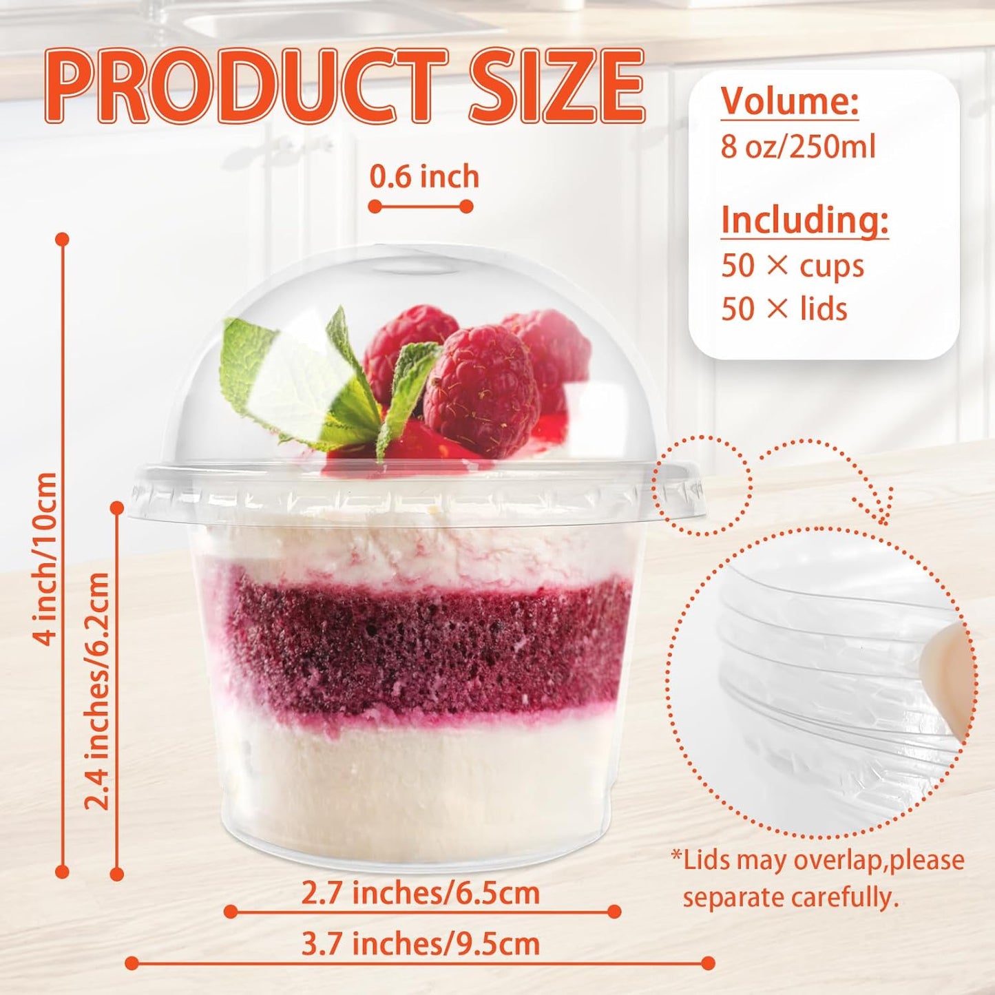 50 Pcs 8 OZ Disposable Plastic Cups with Dome Lids,Clear Dessert Cup,Mini Parfait Appetizer Containers for Ice Cream,Cake,Fruit,Pudding,Jello Shot,Drink,Yogurt,Soups,Salad,Snacks