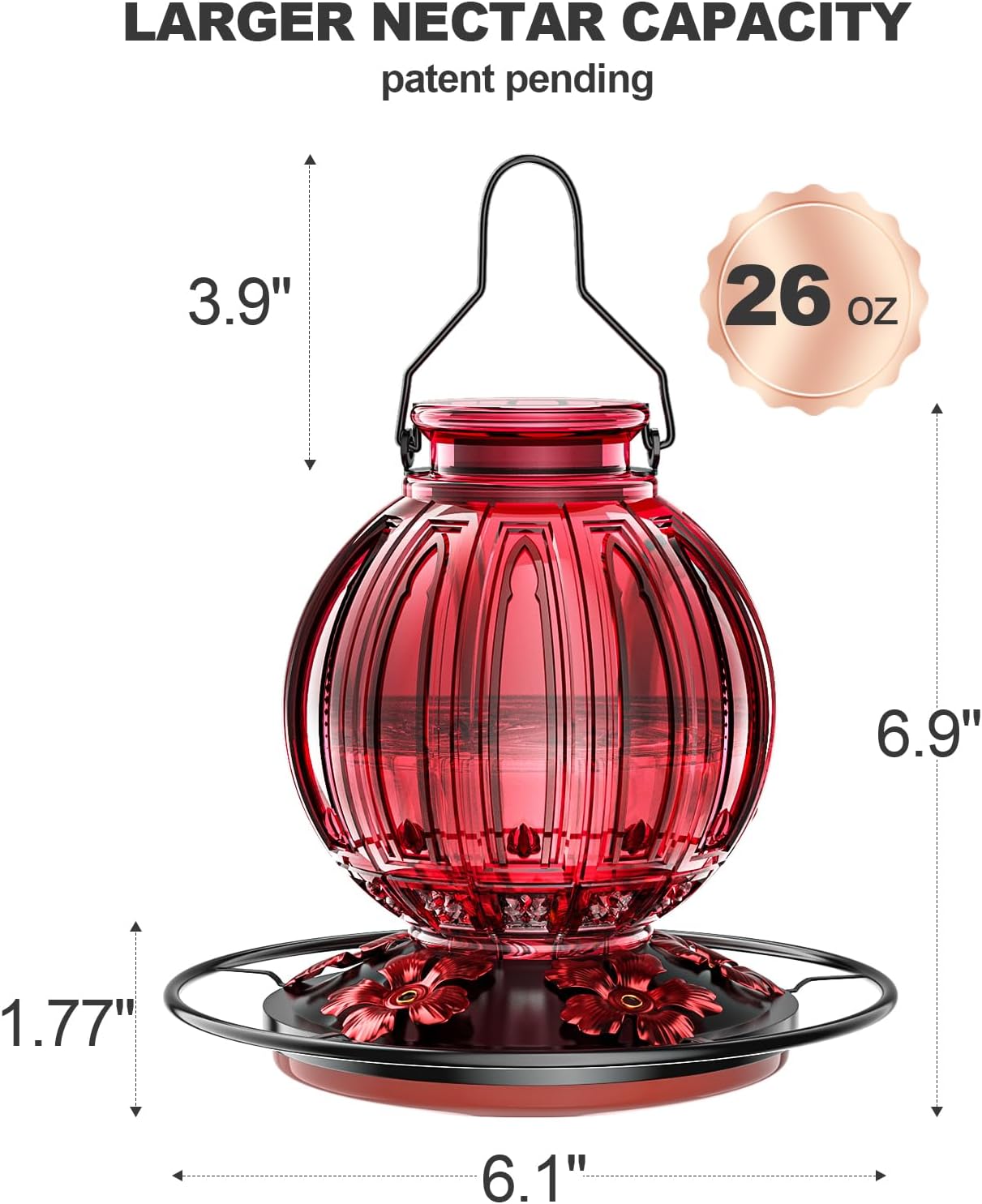 Glass Hummingbird Feeder for Outdoors Hanging, 26Oz Bird Nectar Feeder