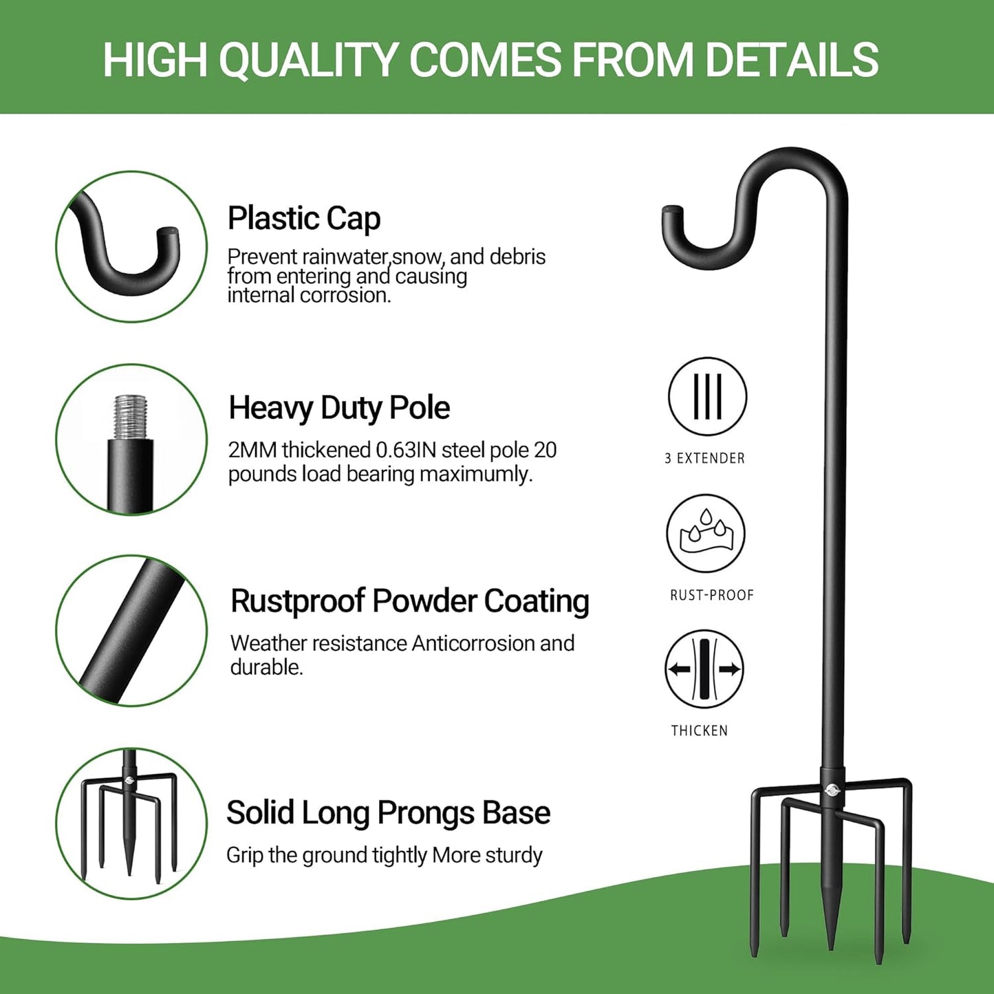 92" Shepherds Hooks for Outdoor, Extra Thick Bird Feeder Pole with 5 Prong Base, Adjustable Shepards Hook for Garden, Weddings, Hanging Plant
