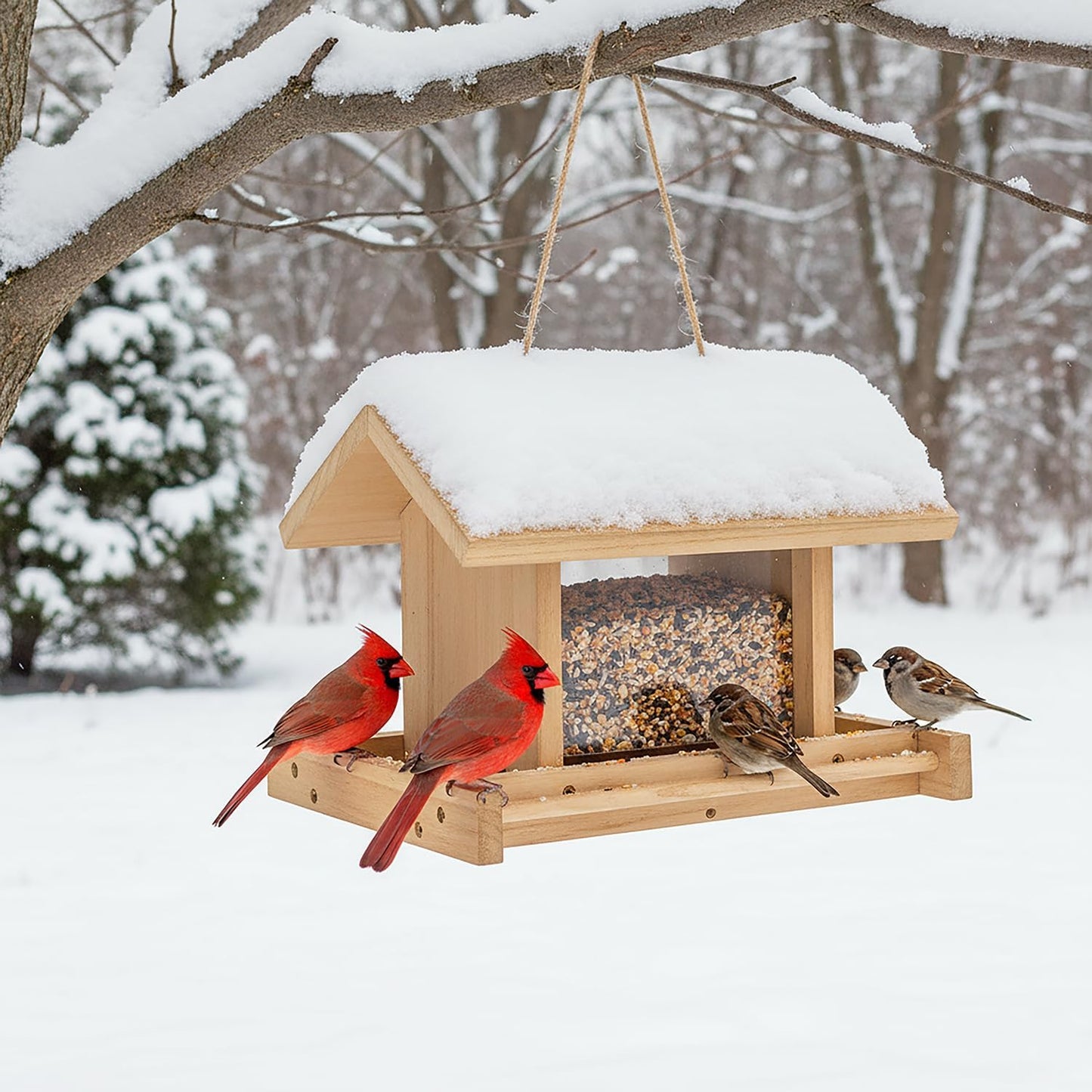 Hanging Wooden Bird Feeder Outdoor Large Capacity Wood Birdfeeder for 