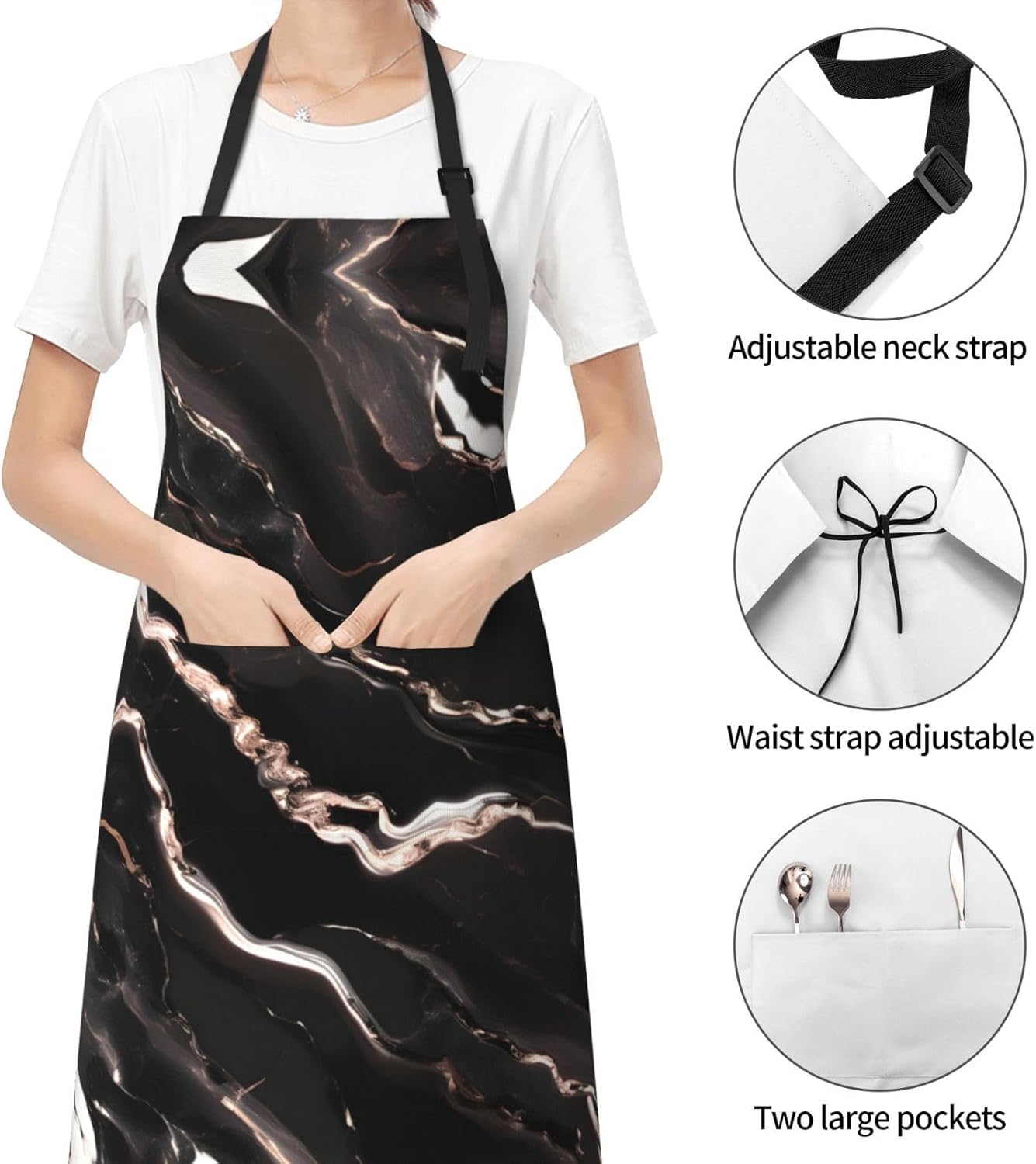 Black rose gold Marble print Waterproof apron with pocket adjustable c