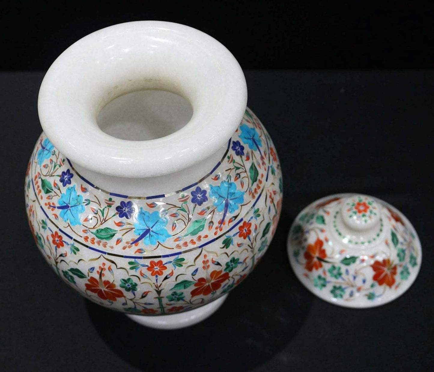 Natural Stones Inlay Flower Pot I Vintage Marble Plant Pot I 14 Inches Handmade Flower Stand I Showcase Decor Plantter with Lid I Indoor Plant Pot