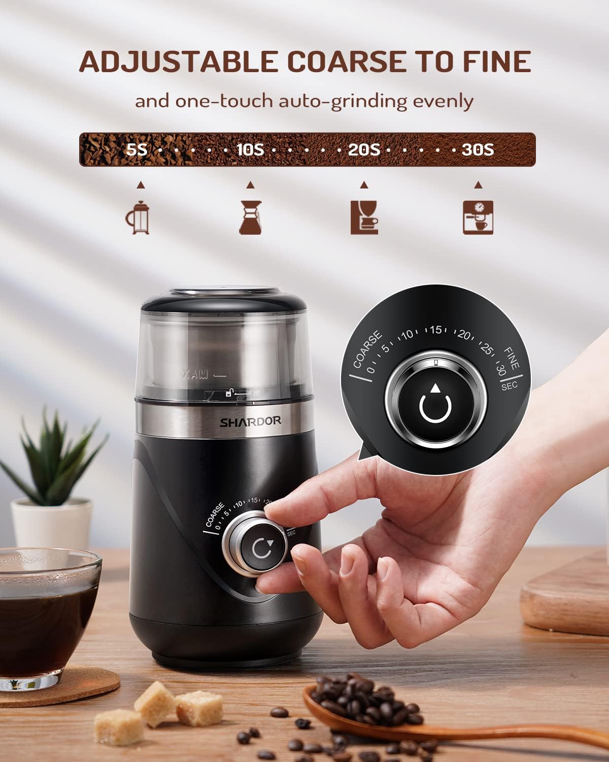 SHARDOR Electric Super Silent Blade Coffee Grinder, Timed Grind Contro