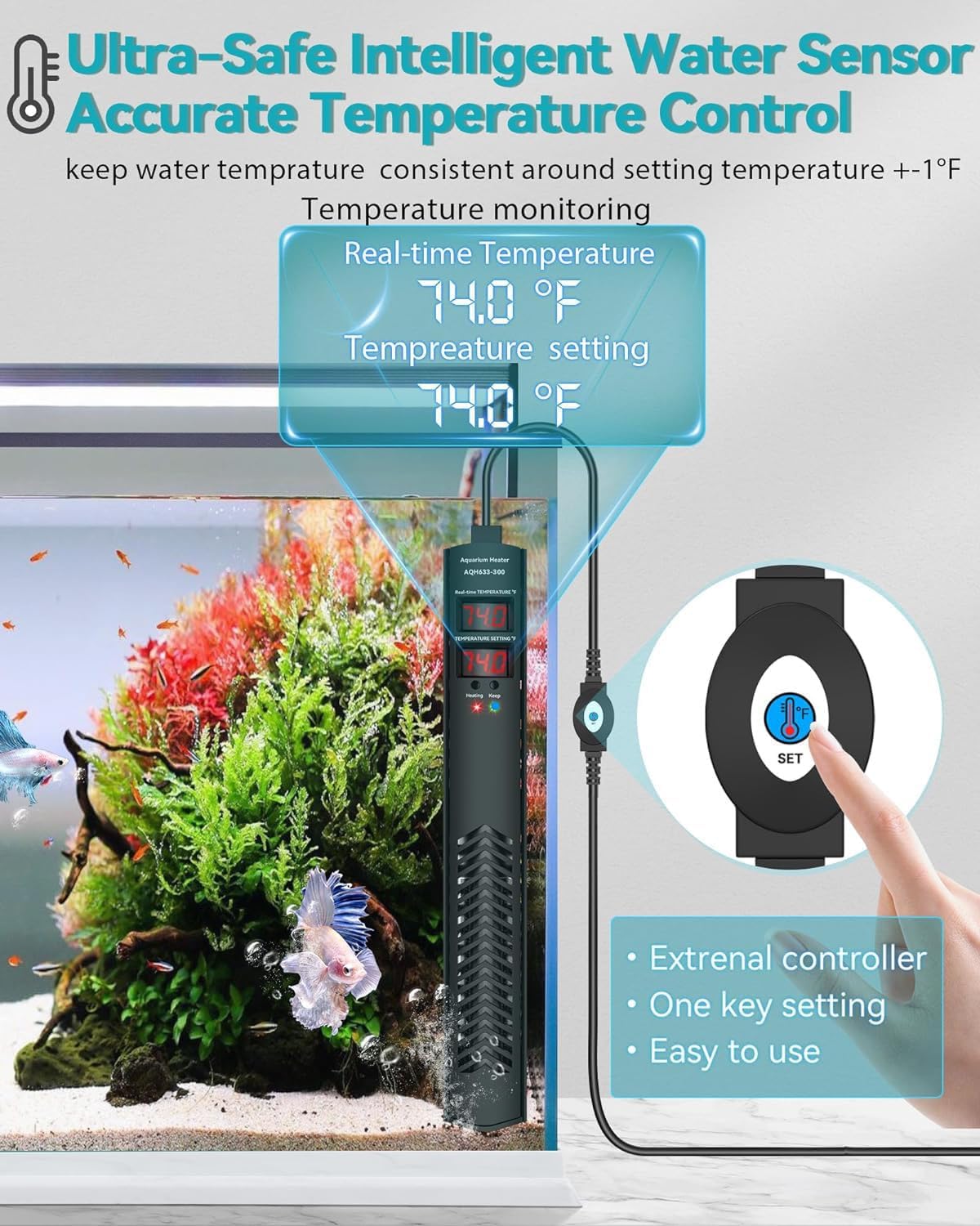 AHJ Aquarium Heater for 40-55-75 Gallon, 300W Submersible Fish Tank Wa